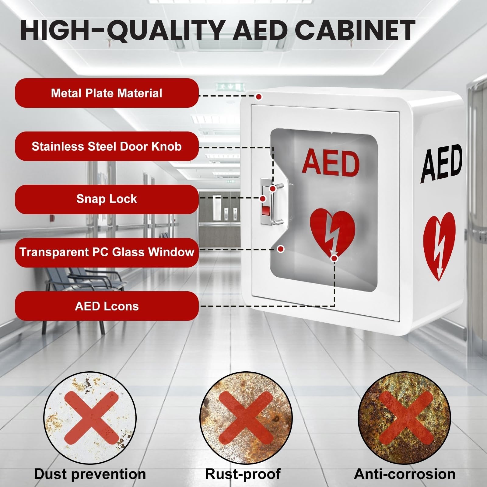 Defibrillatore DAE, da parete, con chiusura a scatto e finestra trasparente per accesso di emergenza