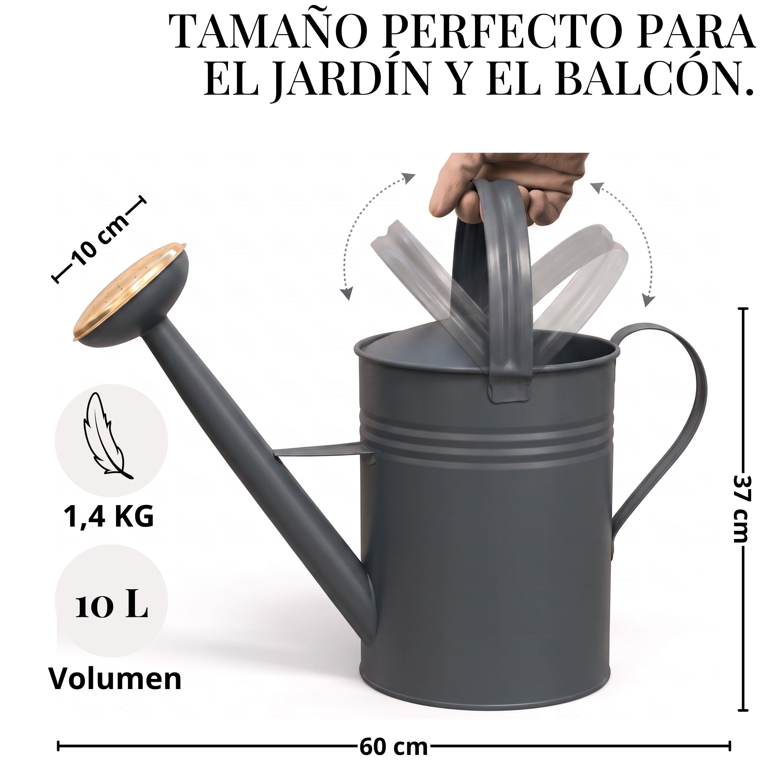 LIVLIG Regadera 10 litros 2 Asas – Jardín con Doble Asa y Alcachofa Desmontable de Latón, Diseño Vintage, Antracita