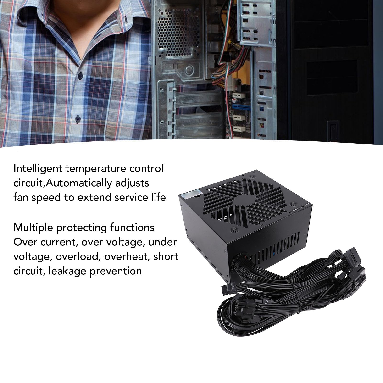 Jectse Fuente de Alimentación de Alta Potencia de 600w, Riel único de 12v, Fuente de Alimentación para Caja de Escritorio, Admite Plataformas de Doble Núcleo y Es Compatible con los
