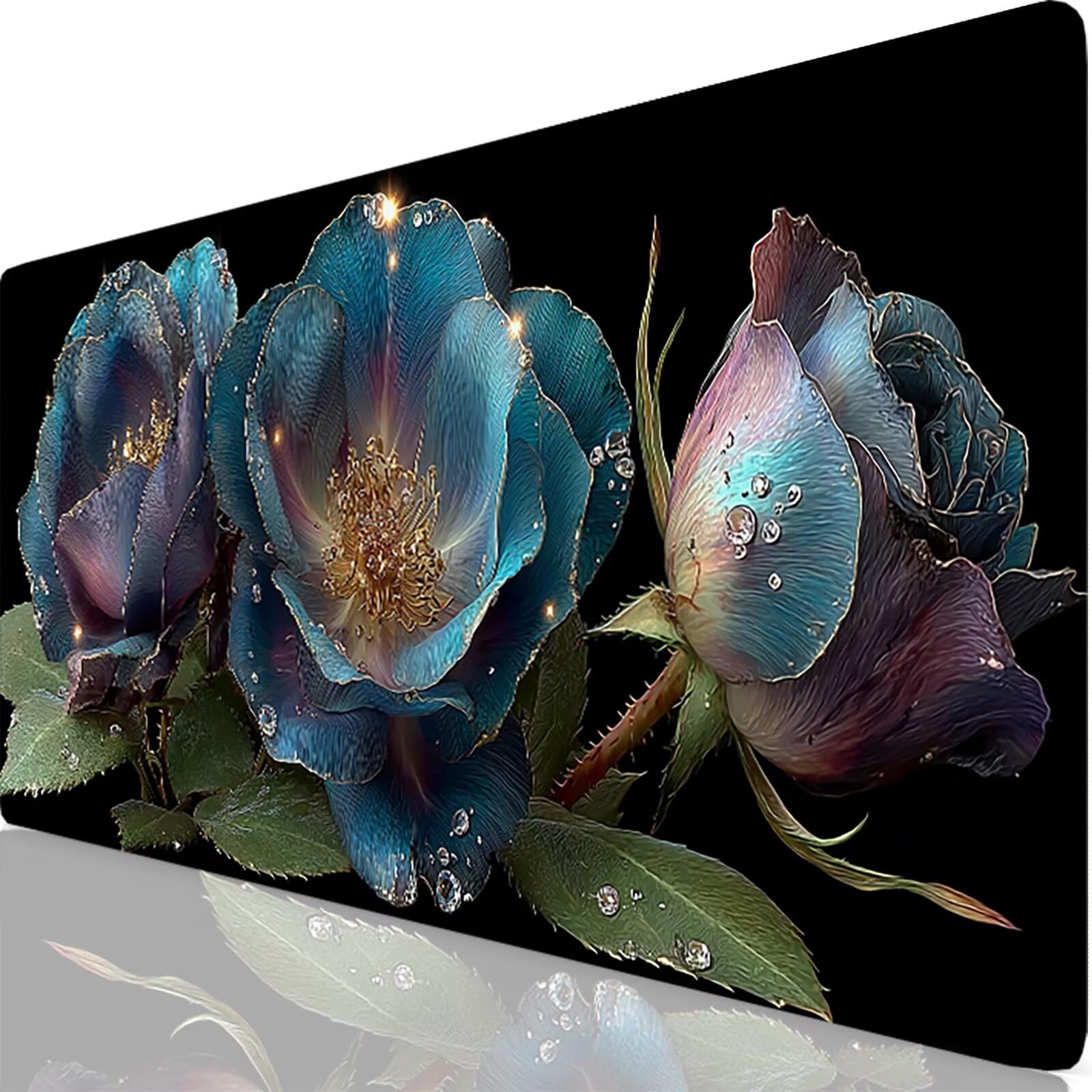 Czarna podkładka pod mysz, duża podkładka pod mysz XXL 1600 x 800 x 3 mm kwiat pod ręką biurko, podkładka pod mysz do klawiatury i biura, z przeszytymi krawędziami i antypoślizgowym tyłem do dekoracji