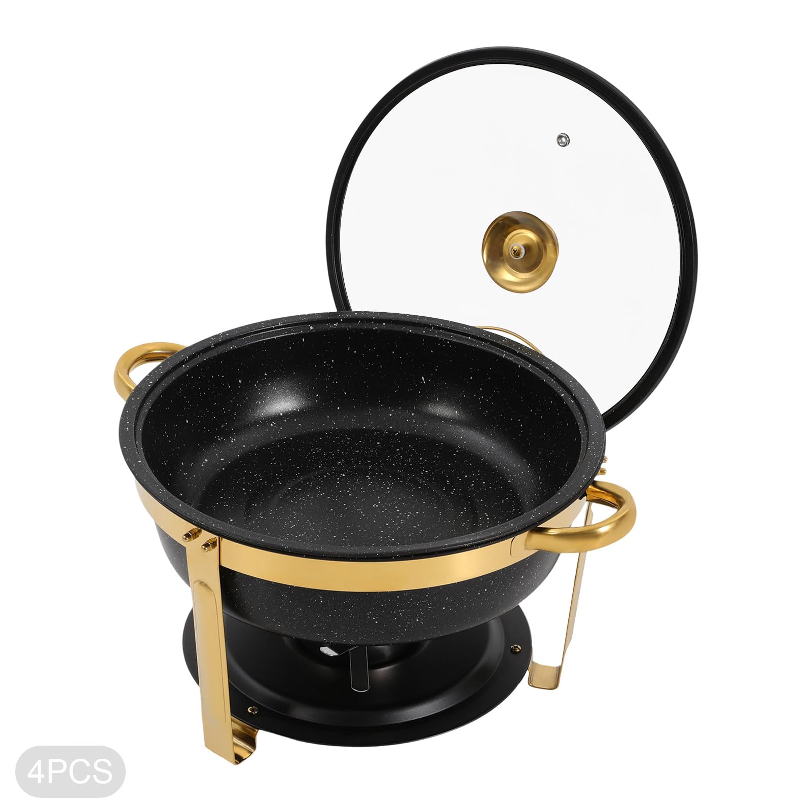 Calentadores Negros y Dorados for Buffet | Los marcos de acero inoxidable, las tapas de vidrio templado y las piezas apilables soportan el calor.(Gold)