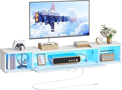 HOOBRO Soporte de TV flotante con toma de corriente de luz LED para hasta 65 pulgadas, estante de TV montado en la pared, centro de entretenimiento