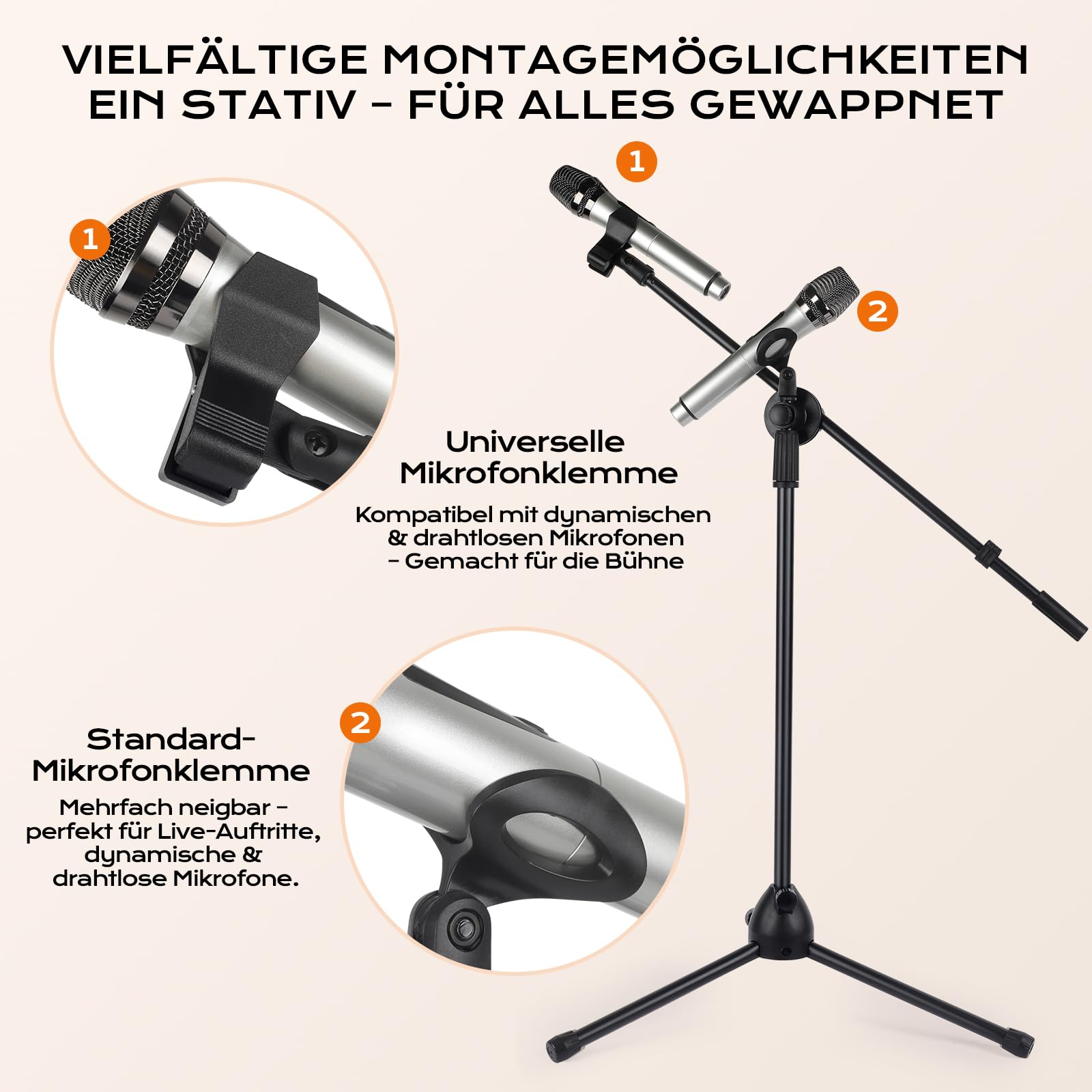 Doppeltes Mikrofonständer Einstellbare 80-180cm Mikrofonstativ Mikrofon Ständer mit 2 Mikrofonklemmen Einen mit Schwenkarmen Tragbar & Faltbar Stabilen Stand für Singen Studio Rundfunk (80-180cm)