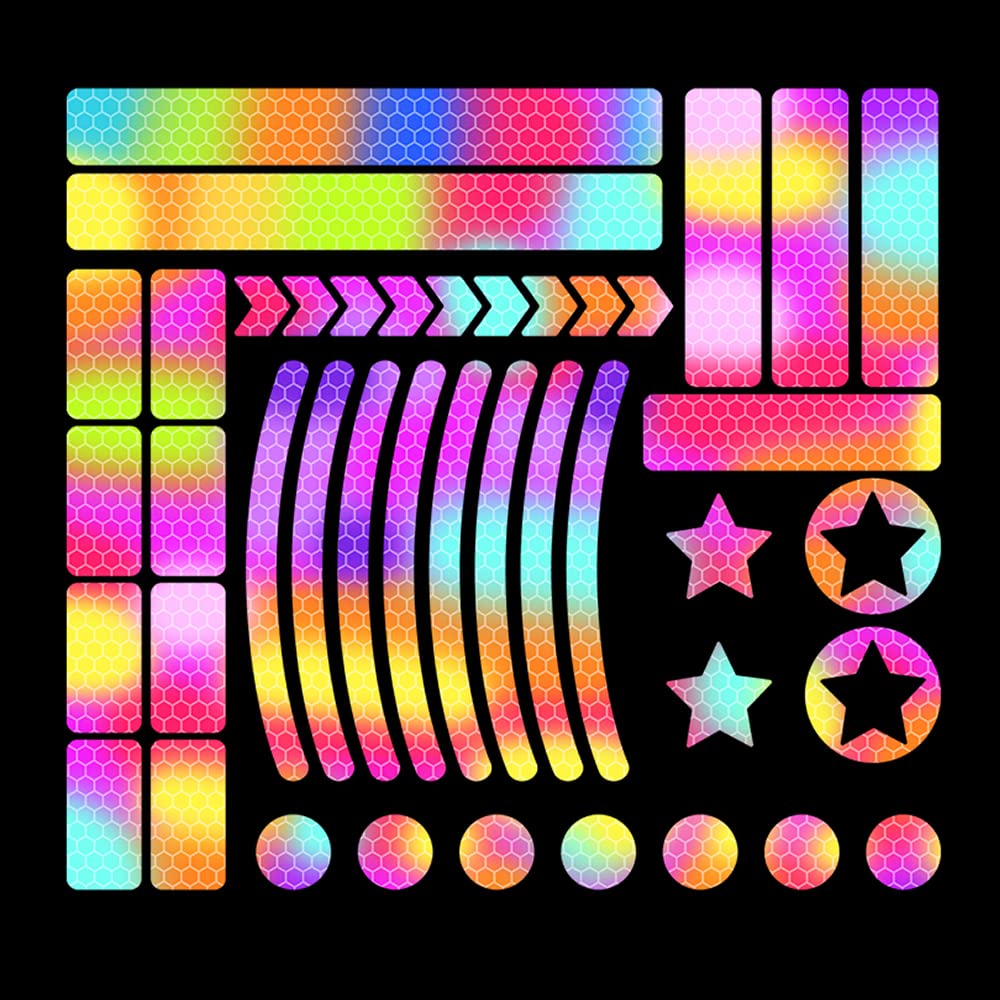 Dreothy 42Pcs Rainbow Strong Reflective Sticker High Intensity Night Visibility Adhesive Safety Sign Tape for Vehicle Motorcycle Bicycle Helmet Truck Bumper