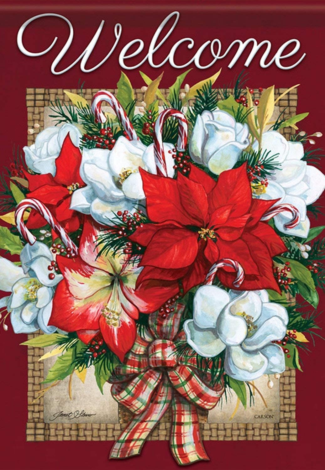 Welcome - Flowers of Christmas 28"X40" House Flag - Carson - Poinsettias, Candy Canes