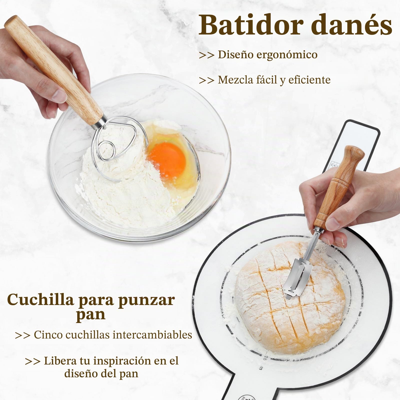 BEWOS Cesta de Fermentación para Pan de 9 Piezas - Contiene Canasta Oval 25 cm y Redonda 23 cm para Fermentar, Hecho en Mimbre Natural, con una Rasqueta y su Funda Protectora