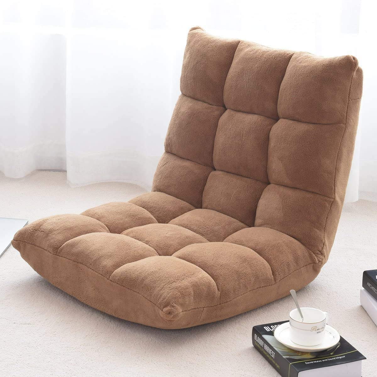 S AFSTAR Cushioned Floor Chair, 14-Position Adjustable Padded Lazy Recliner with Comfortable Back Support and Skin-Friendly Cover, Great for Reading, Playing Game, Meditating (Beige)