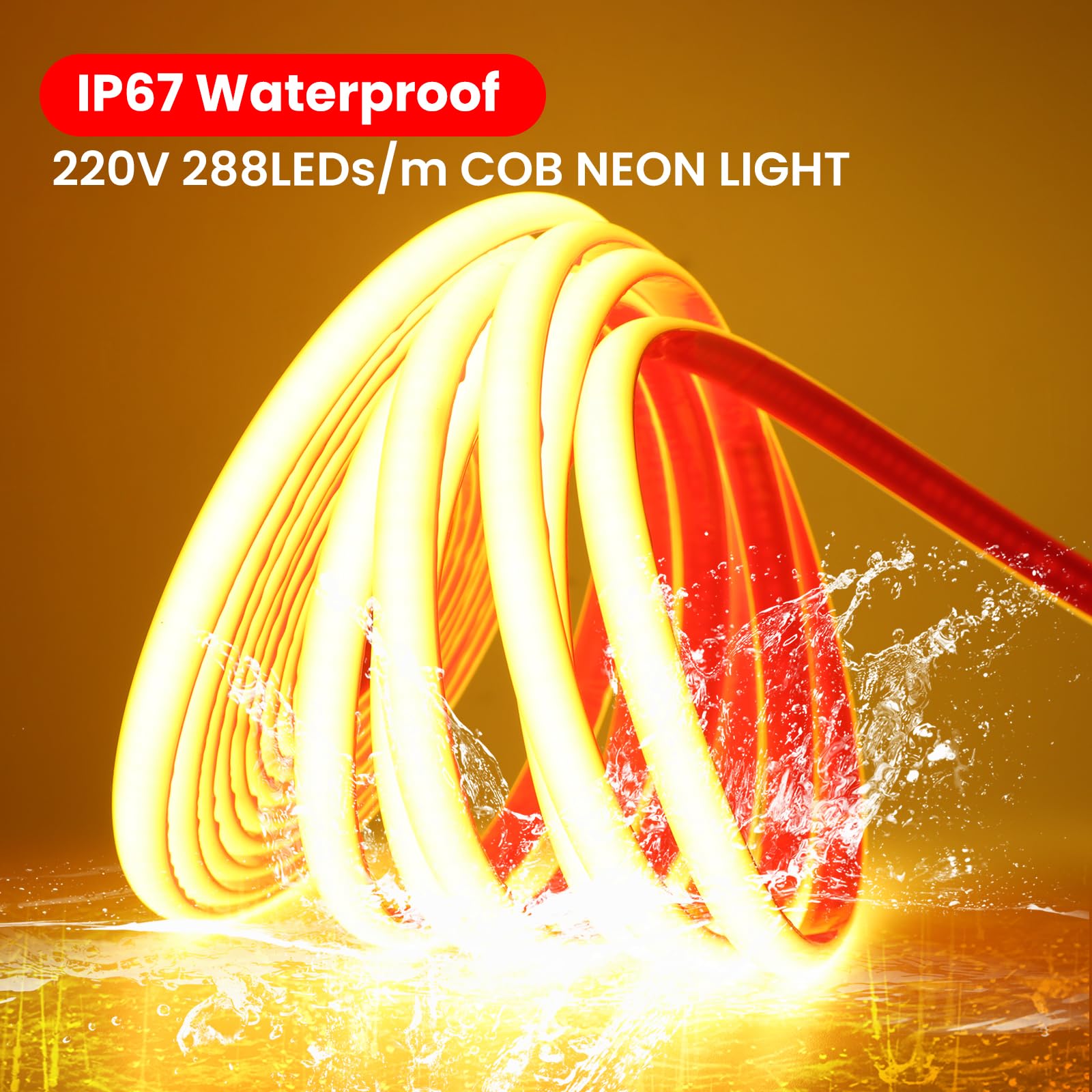 Tira LED neón COB 220V de silicona [15M,Blanco cálido 3000-3500K],flexible e impermeable IP65,288 LEDs/m Tira LED FCOB recortable CRI85+,iluminación para hogar/tienda