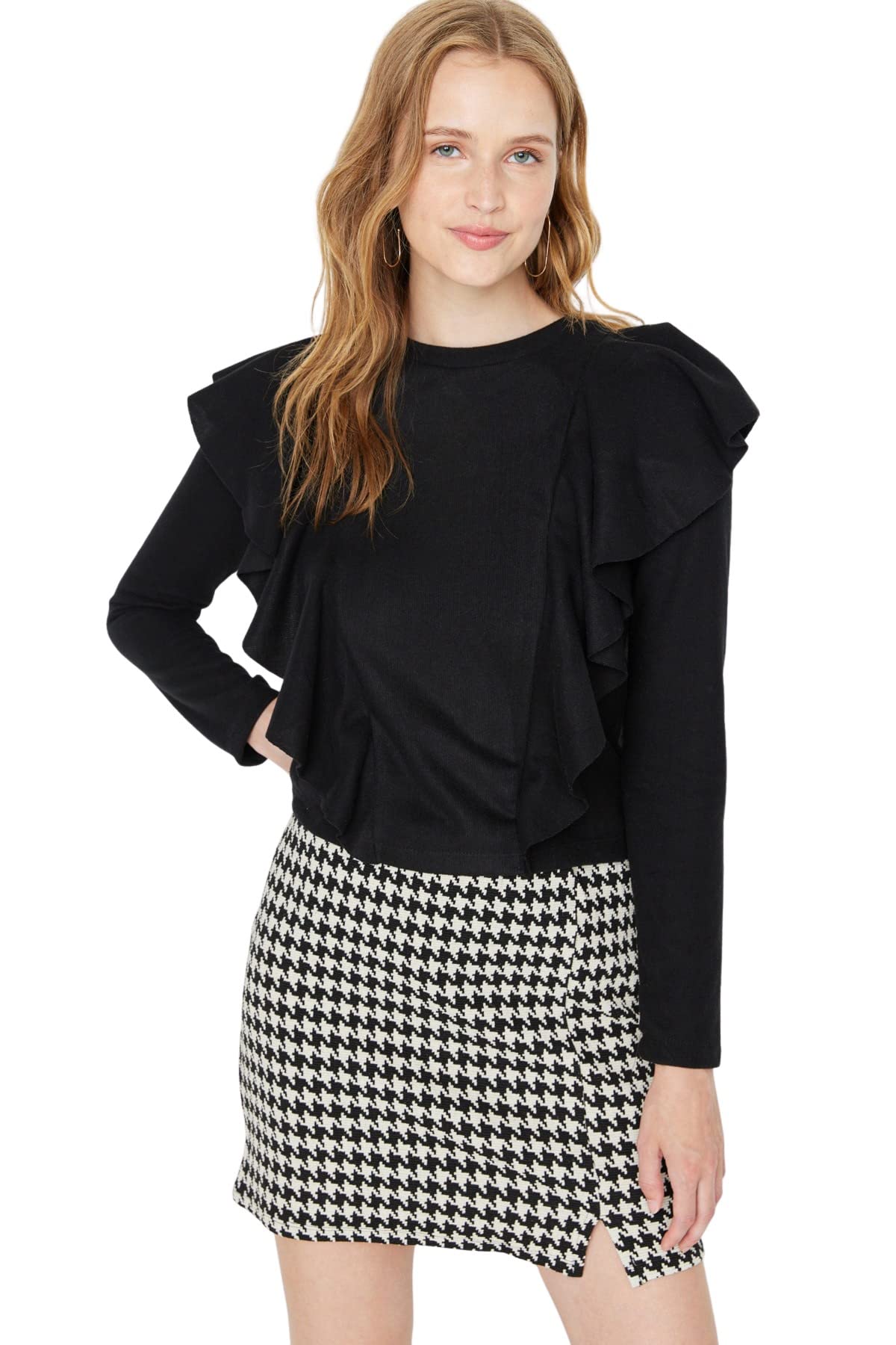 Trendyol Damen Schwarz Regular Standard Rundhals Strickbluse Hemd, Xs