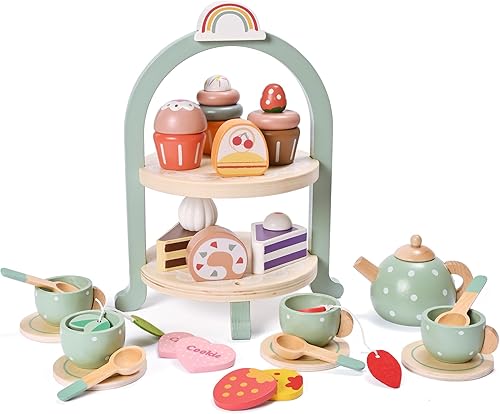 Miniatura 6 de Juego de té de madera para niñas pequeñas, juego de té de madera, accesorios de cocina con soporte para cupcakes, juego de fiesta de té para niños,