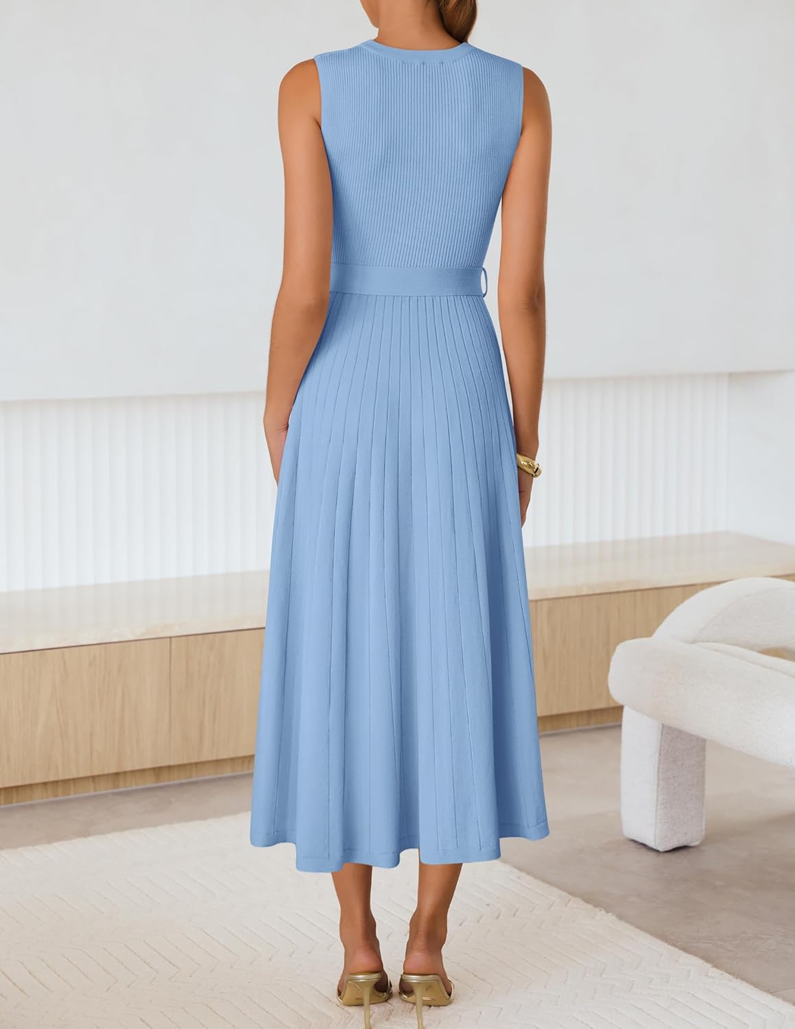 ZESICA Womens Spring Sleeveless Midi Sweater Dress 2026 Summer Casual Pleated A Line Flowy Knit Long Dresses with Belt - Image 6