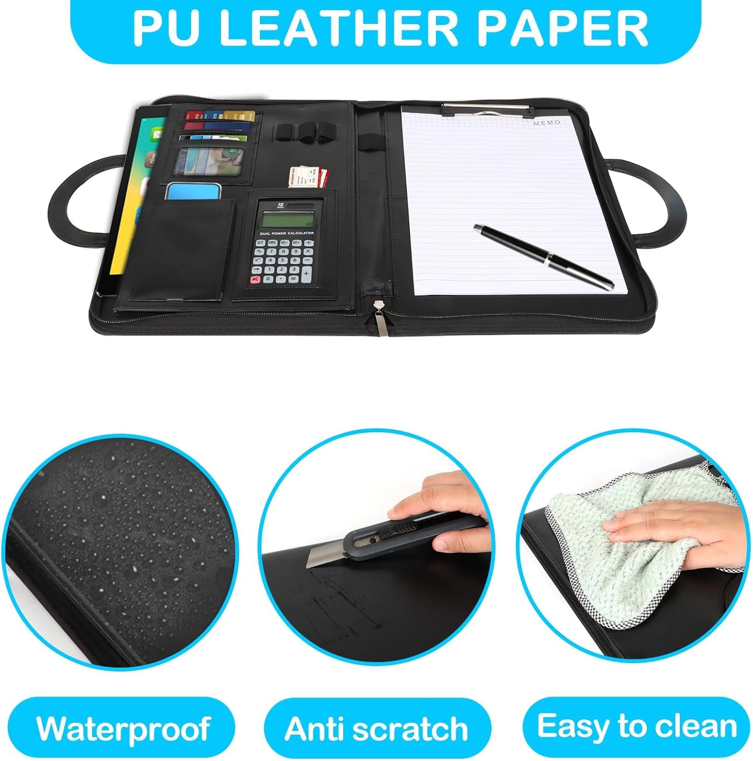 Cartella Portadocumenti A4 in Pelle con Calcolatrice e Cerniera, Portablocchi Organizer – Nero