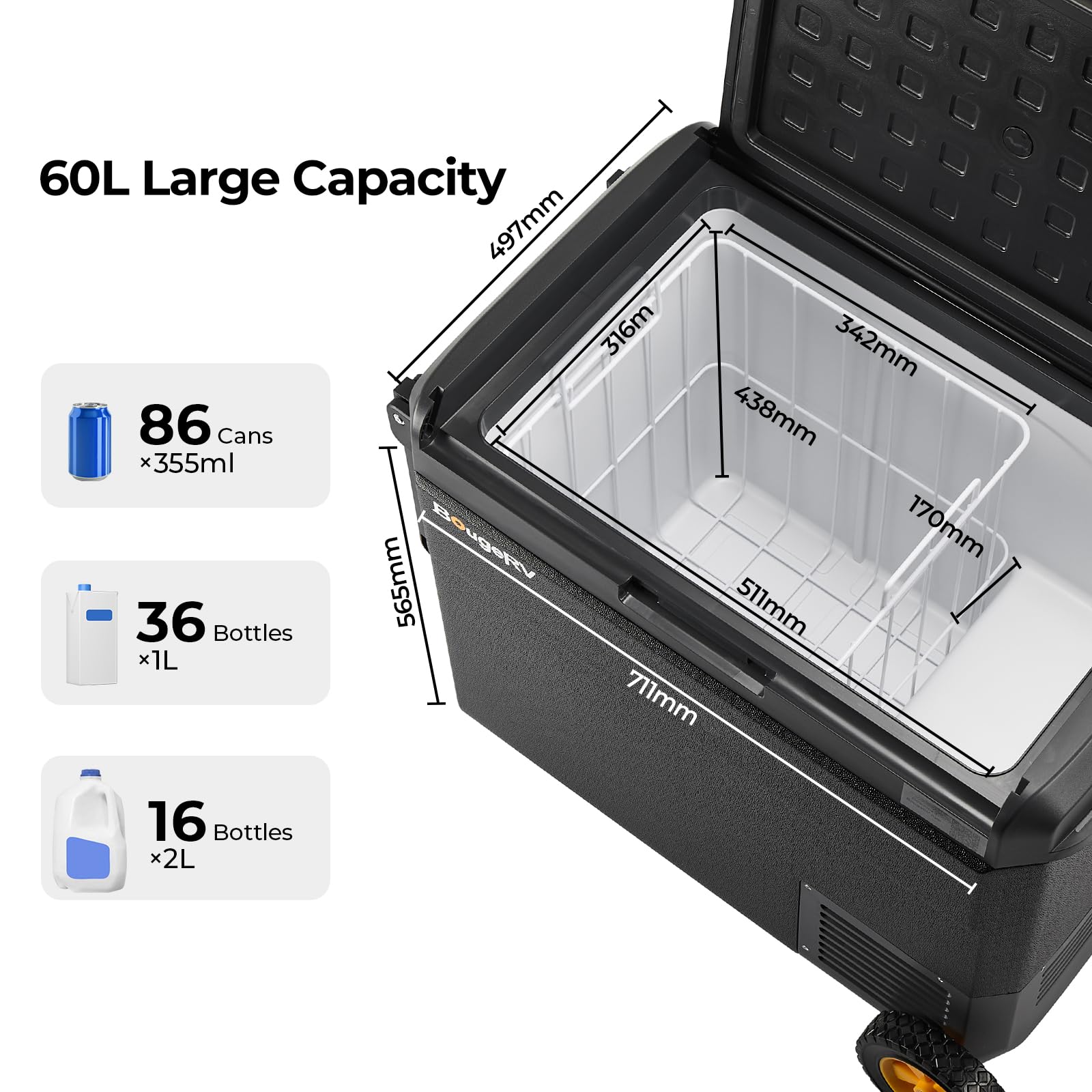 BougeRV CRS 60L Glacière à Compresseur avec Roues Poignée Étanchéité IPX4 Congélateur Réfrigérateur à Compression 12/24V 220V pour Voiture Camping Voyage Bateau Contrôle APP -20℃~20°C