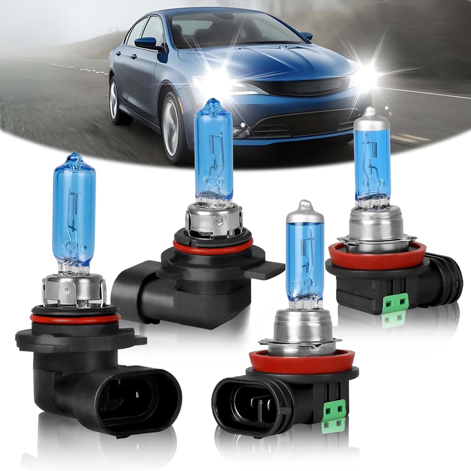 Fit for 2013 2014 2015 Chrysler 200 High Performance Halogen Headlight Bulbs,9012 High/Low Beam & H11 Fog Light Combo,100W,IP68,Plug and Play,5000K Super Bright White Light,4 Pack