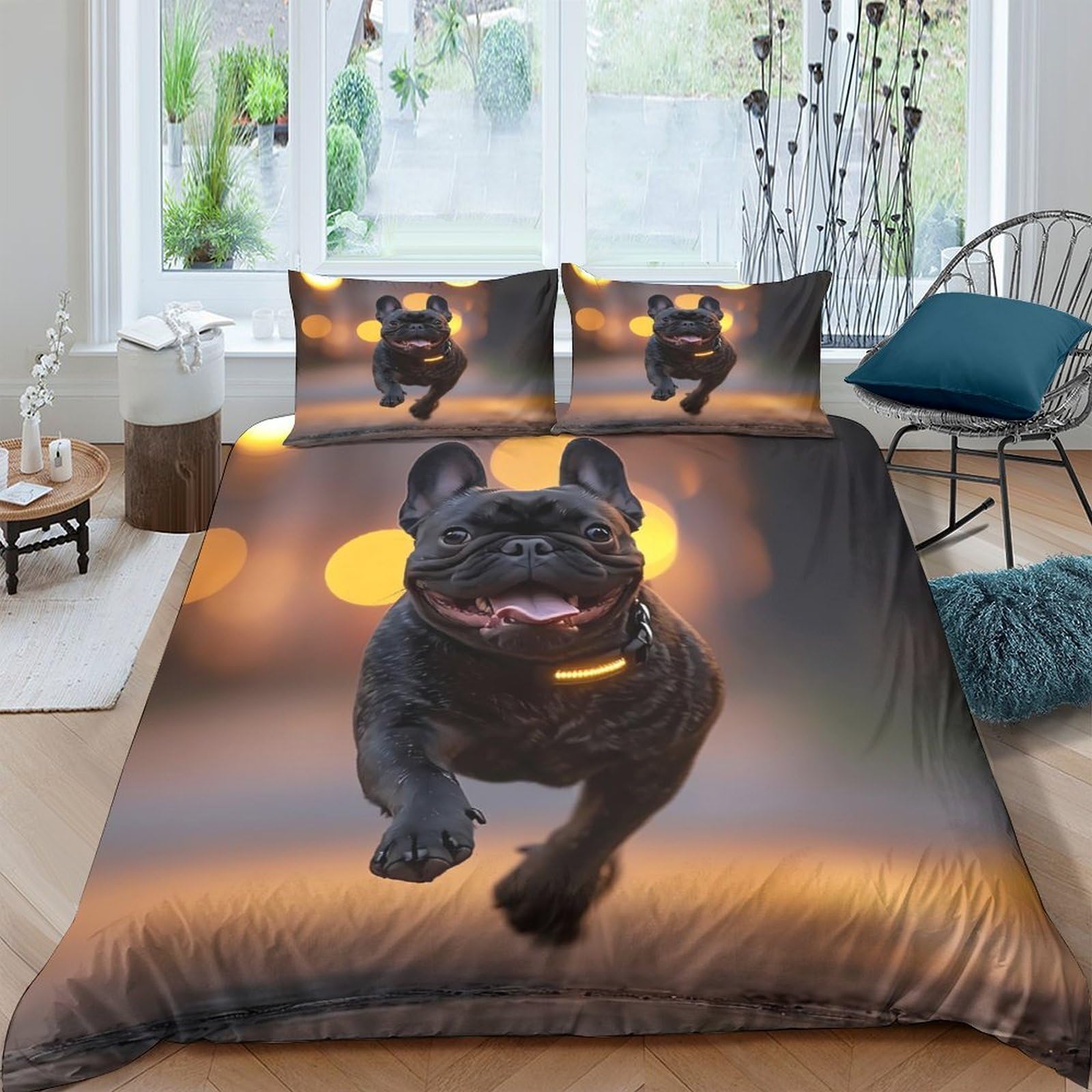 TUFRTGYHN 3D Printed French Bulldog Duvet Cover Microfiber Soft Breathable Dog Pattern Bedding Set with 2 Pillowcases for Bedroom Home Single（135x200cm）