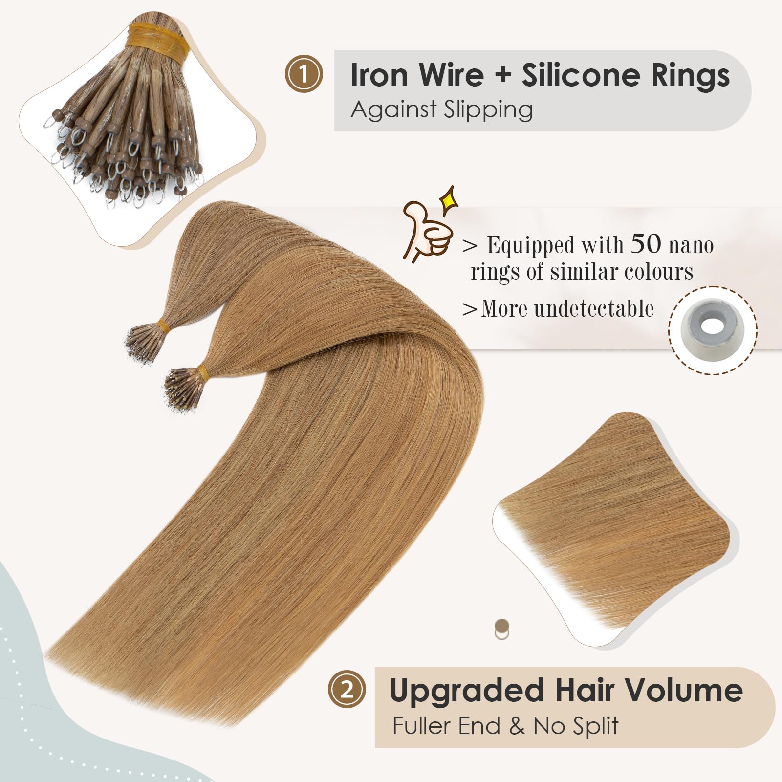 Elailite Nano Beads Hair Extensions Real Human Hair 50 Strands 50g Nano Rings Nano Tip Cold Fusion Remy Hair Straight (#27 Dark Blonde - Image 3