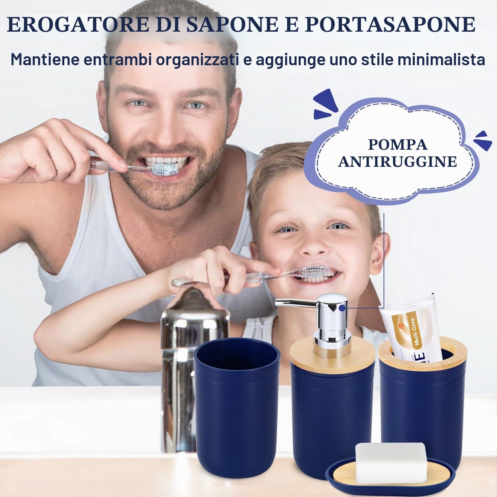 iMucci Set di accessori da bagno blu navy da 8 pezzi, con bidone della spazzatura, portaspazzolino, dispenser di sapone e lozione, set di bicchieri (IZ0124)