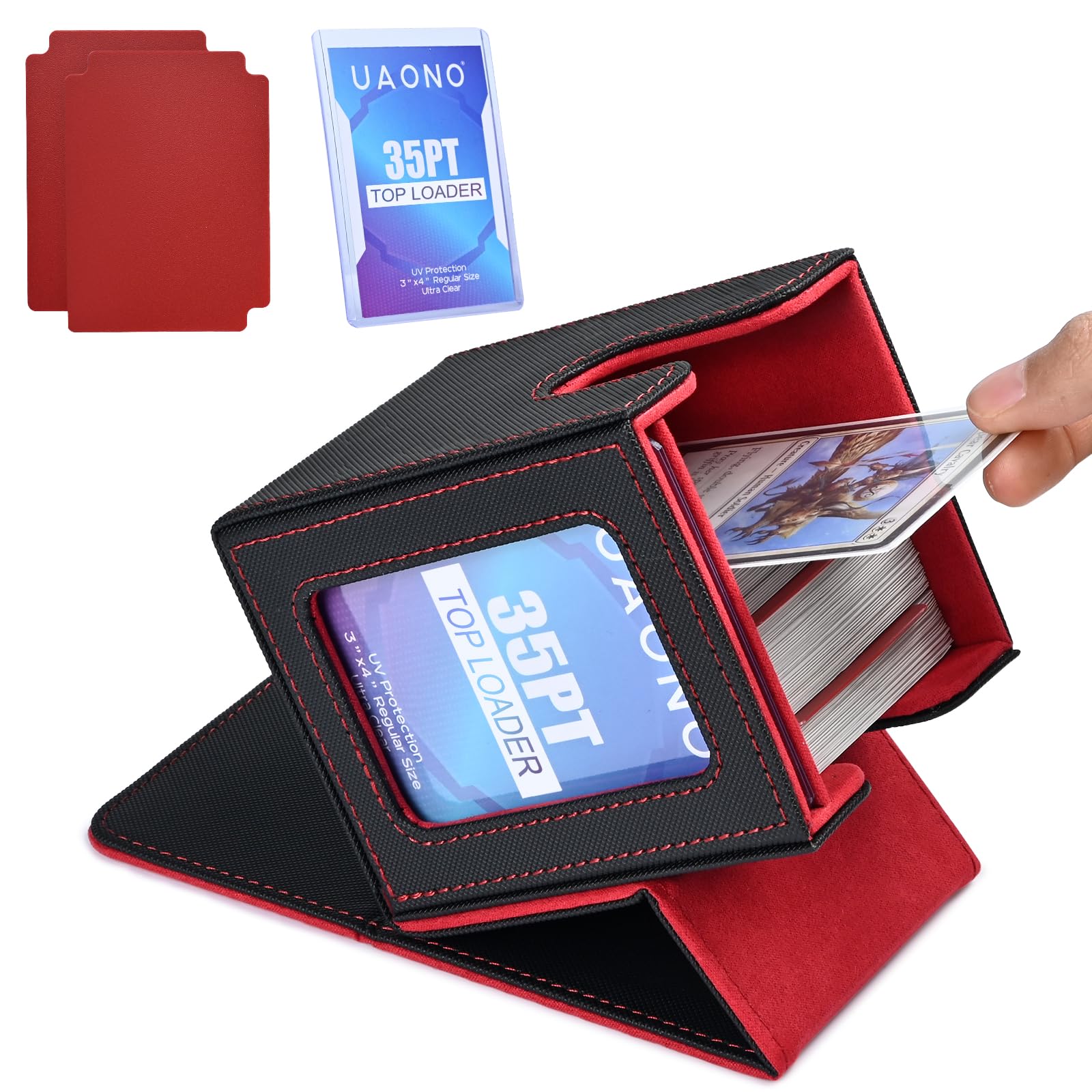 UAONO Card Deck Box for MTG Commander, Fits 100 Double-Sleeved Cards | Independent Commander Display, Magnetic Deck Case for Magic the Gathering TCG, 2 Dividers & 1 Top Loader (Black, Red)