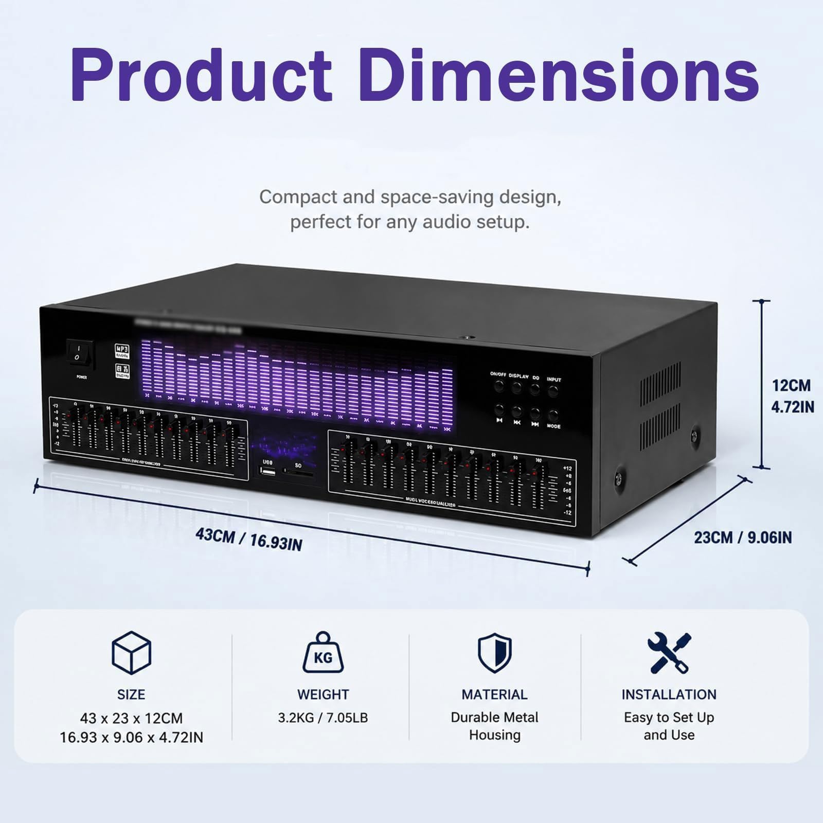 Ecualizador gráfico Hi-Fi, procesador de ecualización estéreo de 20 bandas, sistemi de ajuste de audio, analizador de espectro LED, 15 modos dinámicos y control remoto; ideal para