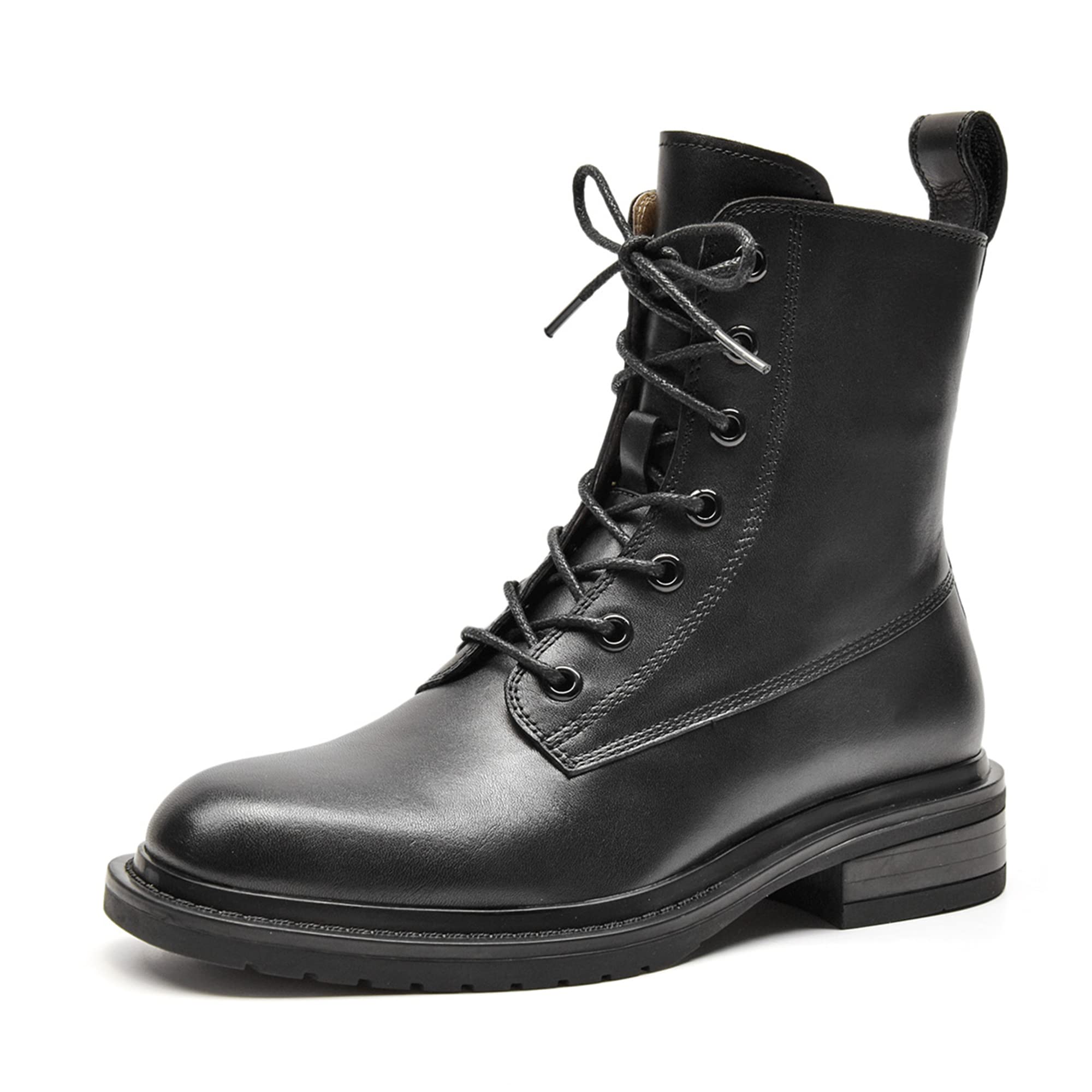 ZUYEEZUYEE Women's Combat Boots Lace up Side Zipper Mid Calf Booties Round Toe