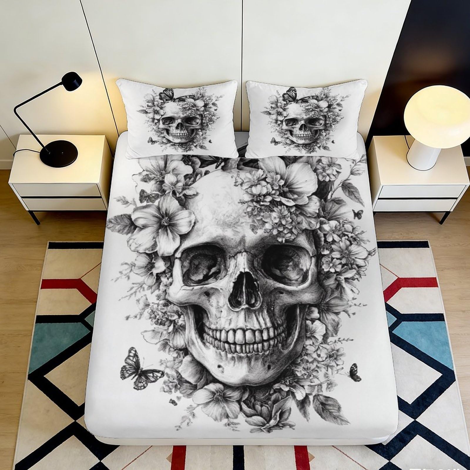 3D Printed Skull Floral Fitted Sheet Microfiber Soft Anti-Slip Butterfly Bed Sheet for Bedroom Guest Room Mattress Protection Decor 160x200x25cm