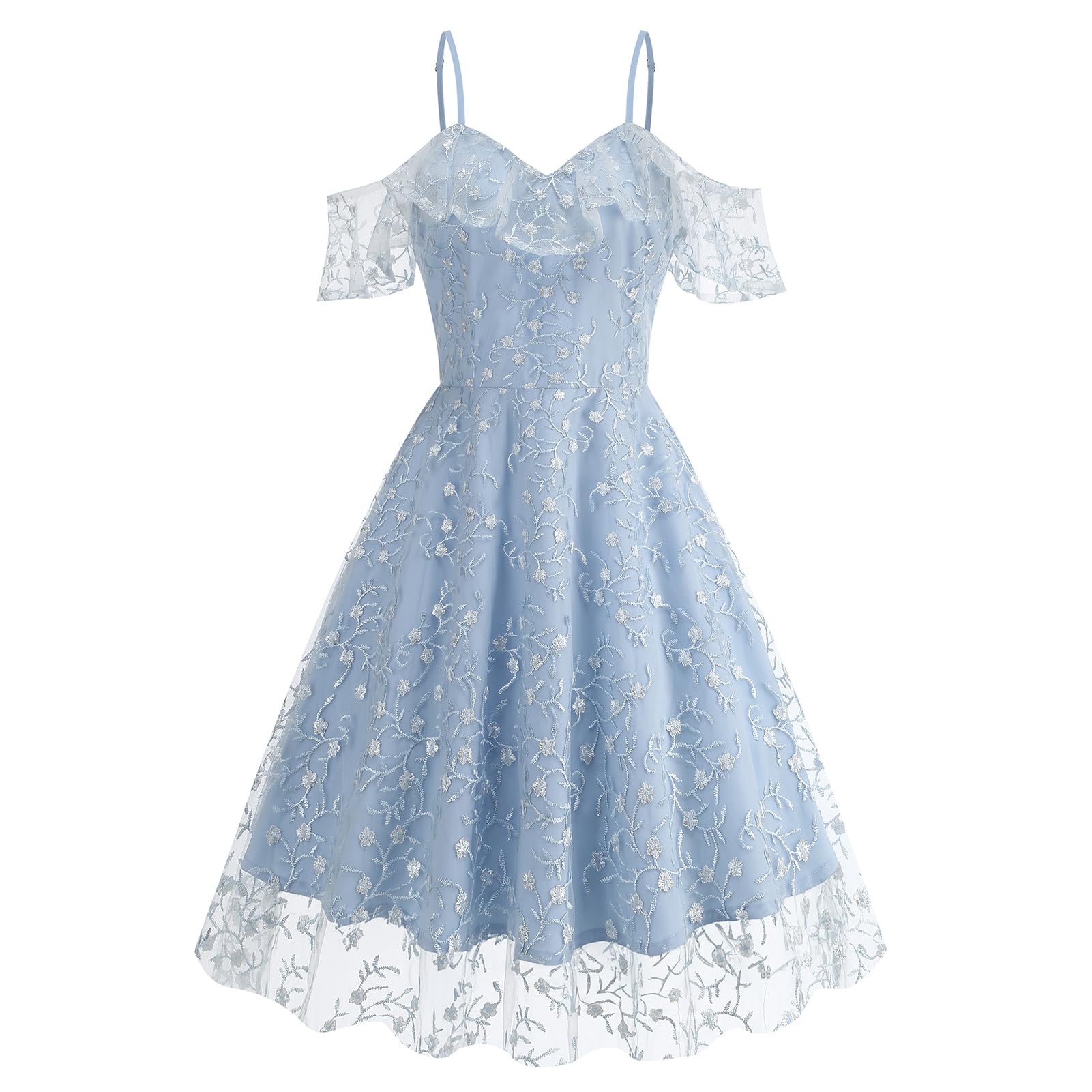 Ruffle Spaghetti Strap Floral Embroidered Dress for Women Flower Wedding Guest Dress Mesh Tulle Prom Tea Party Cocktail Dress