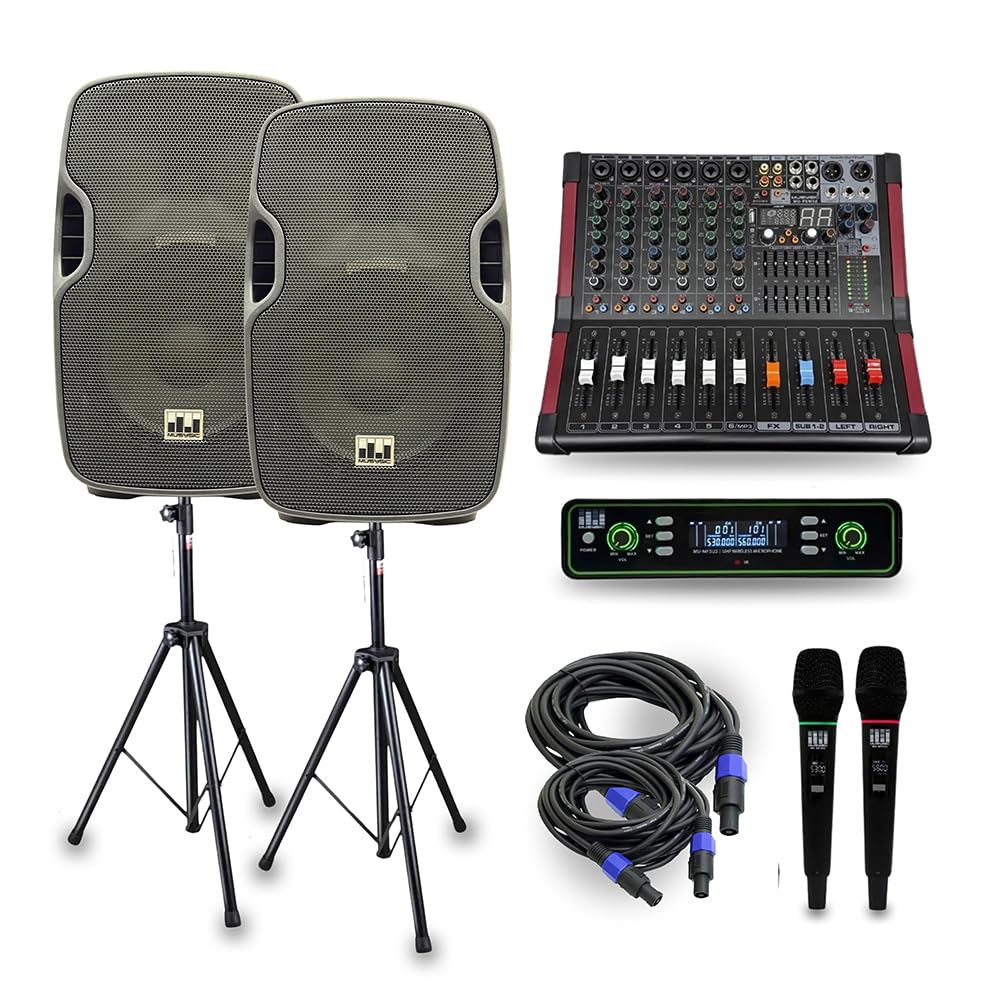 MUSYSIC Portable PA System with Wireless Microphone and Speakers – 6 Ch Audio Mixer with Built-in 2000W Amp & Wireless UHF Microphone System, Multiple Inputs, Complete w/Stands - 15" Speaker 1200W