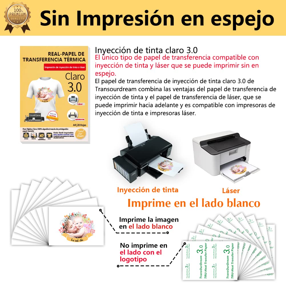 TransOurDream-Papel de Transferencia Para Camiseta Clara,3.0 Ahorro*protección del medio ambiente (A5X10 Hoj.),Papel Transfer Apto Tinta o Láser,vinilo HTV,Perfecto para Fiesta.ES-03-10A5