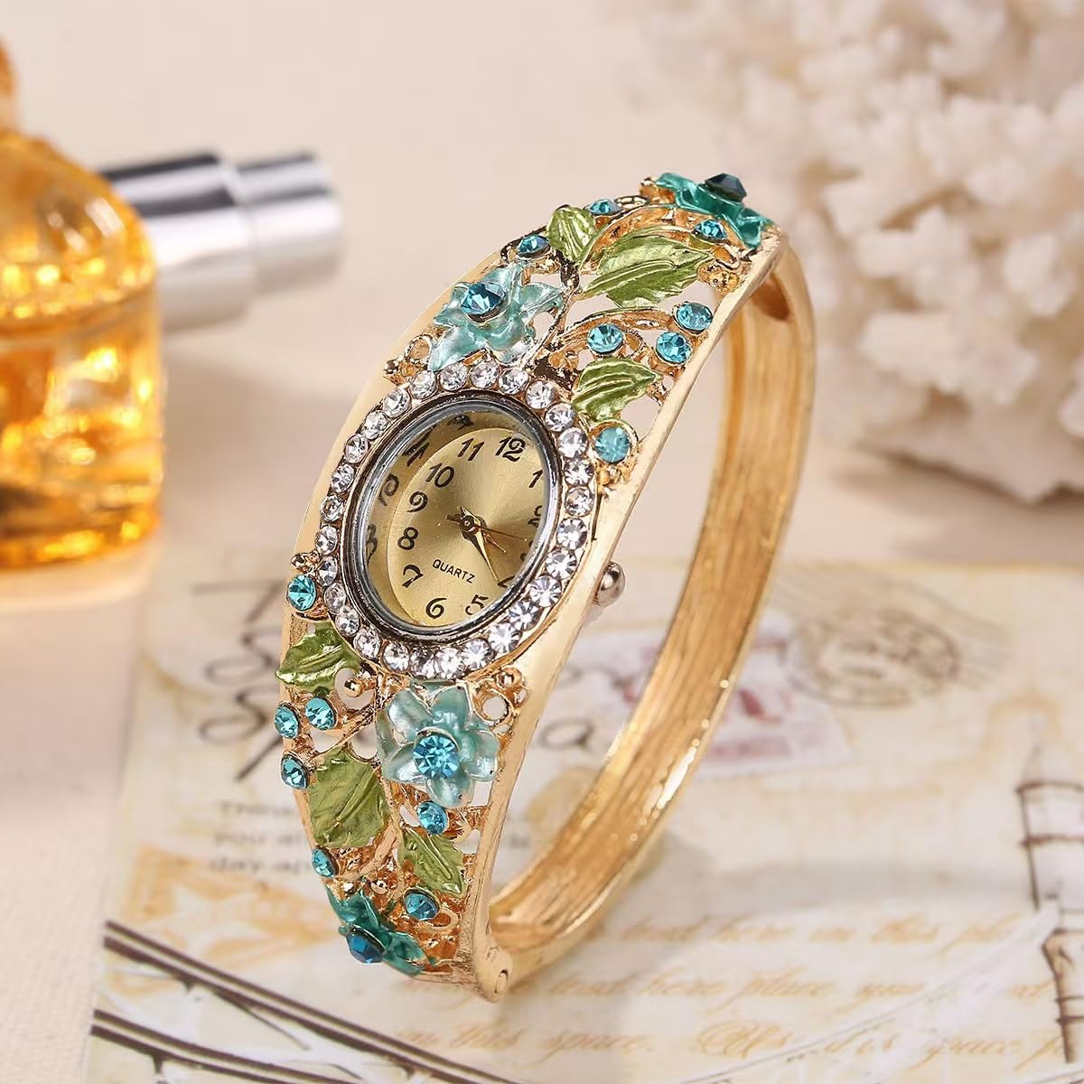 Dacdyi Women Ladies 5 Pcs Wholesale Watch Elegant Bangle Bracelet Crystal Round Dial with Flower Wrist Watch