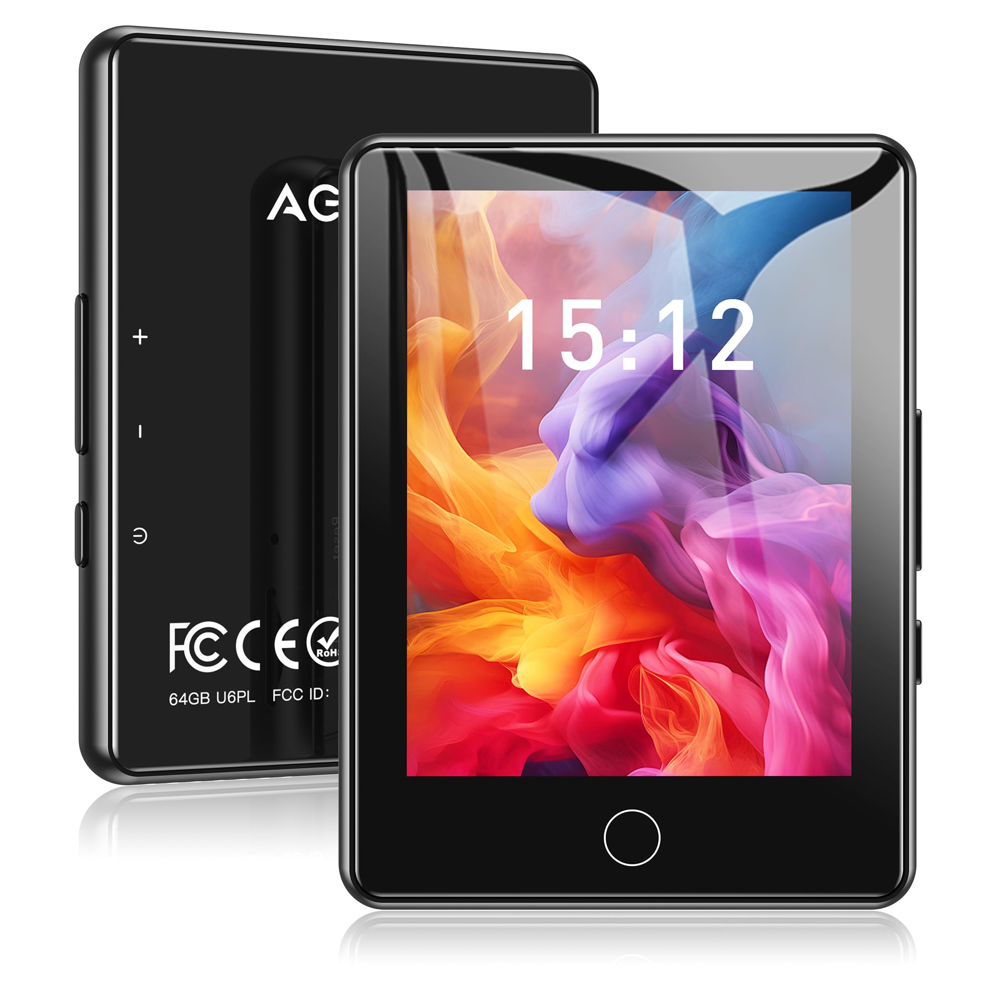 AGPTEK Lecteur MP3 Bluetooth 5.3 64Go, Baladeur Numérique 2.8" Écran Tactile HiFi Sport avec Haut-Parleur Radio FM Enregistreur