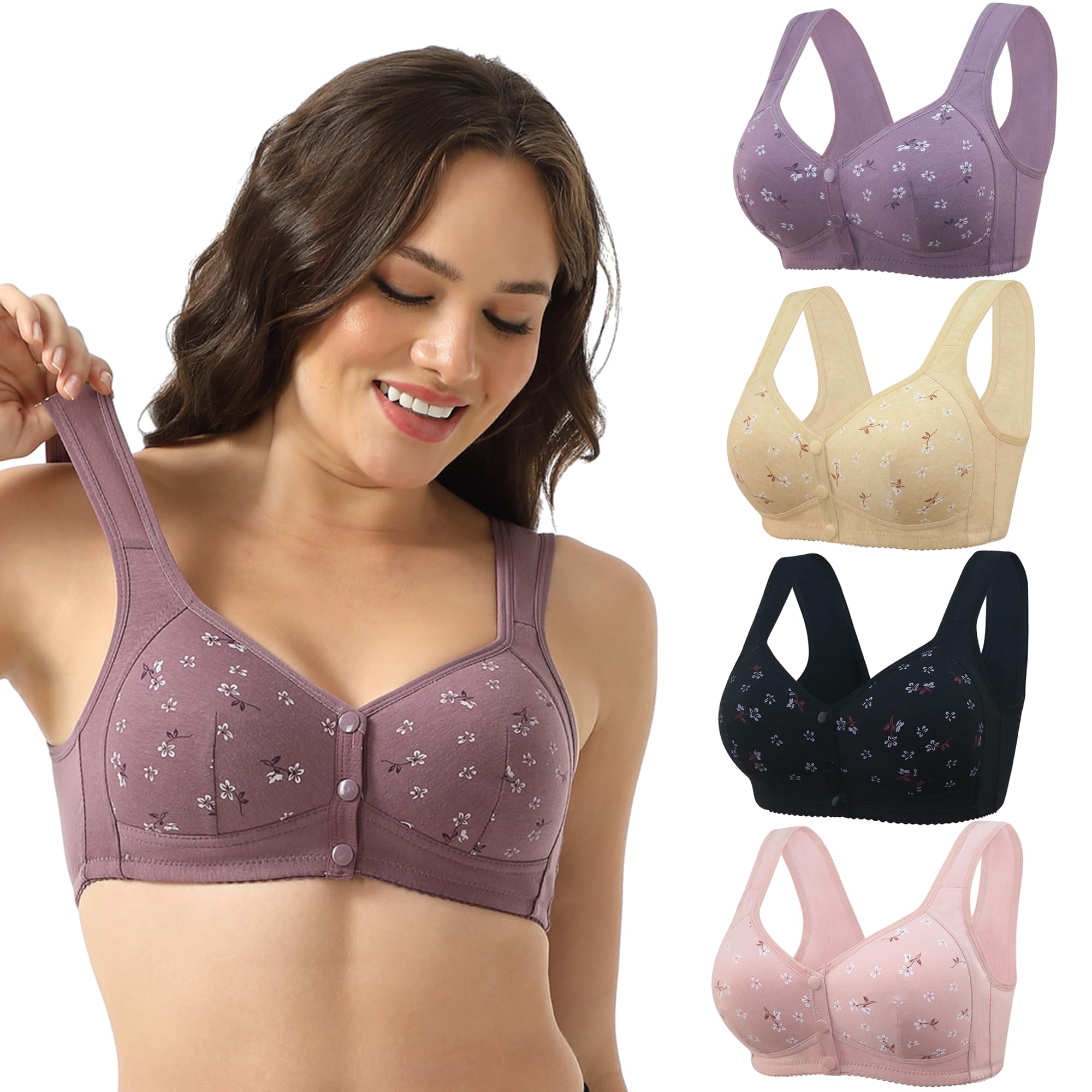 Daisy Bras for Women Front Snap Closure Padded Bra for Older Senior Women No Underwire Comfortable Bra