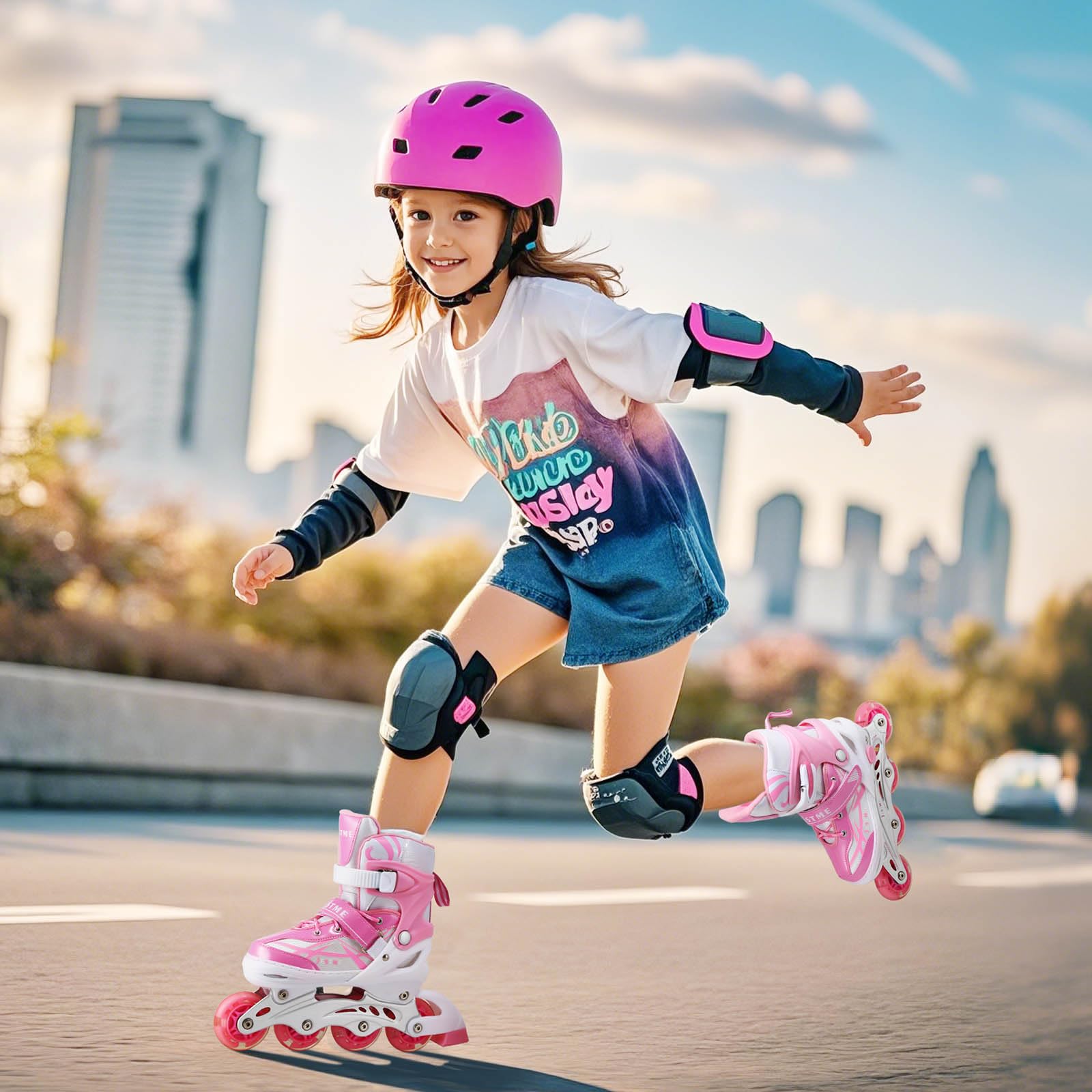 Pattini in linea regolabili per bambini ragazze ragazzi principianti, Pattini a rotelle rosa e viola per bambino e adolescente per lo sport