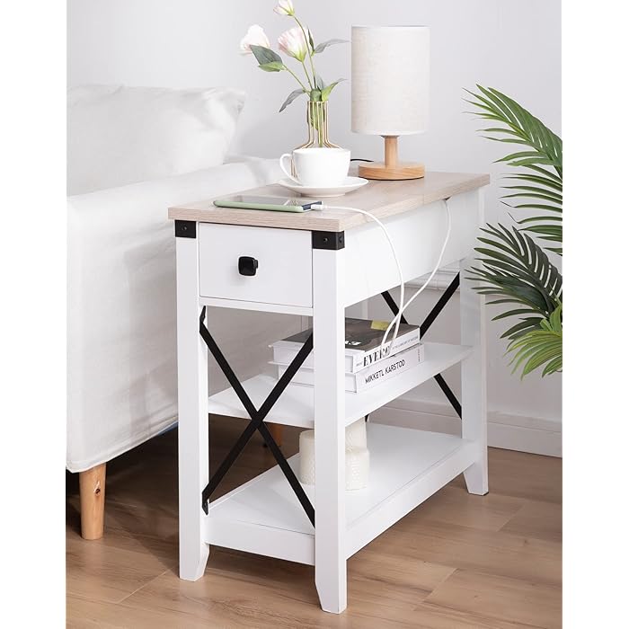 Buy Narrow End Table with Charging Station Awescuti Farmhouse Slim