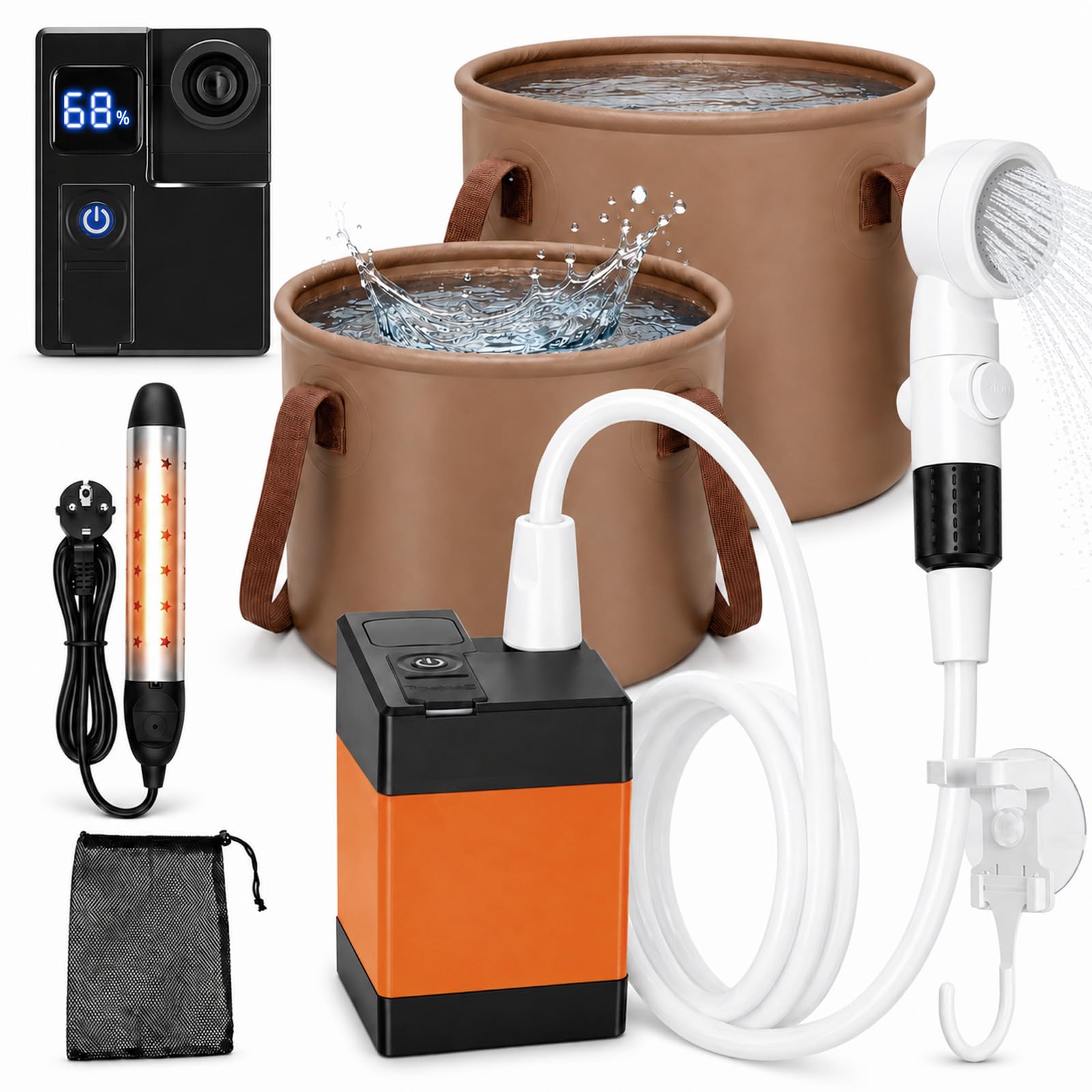 Doccia da campeggio portatile con riscaldamento, secchio da 20L & bollitore sommergibile, doccia da campeggio ricaricabile con pompa da 5200mAh, soffione a 3 modalità con arresto dell'acqua, IPX7