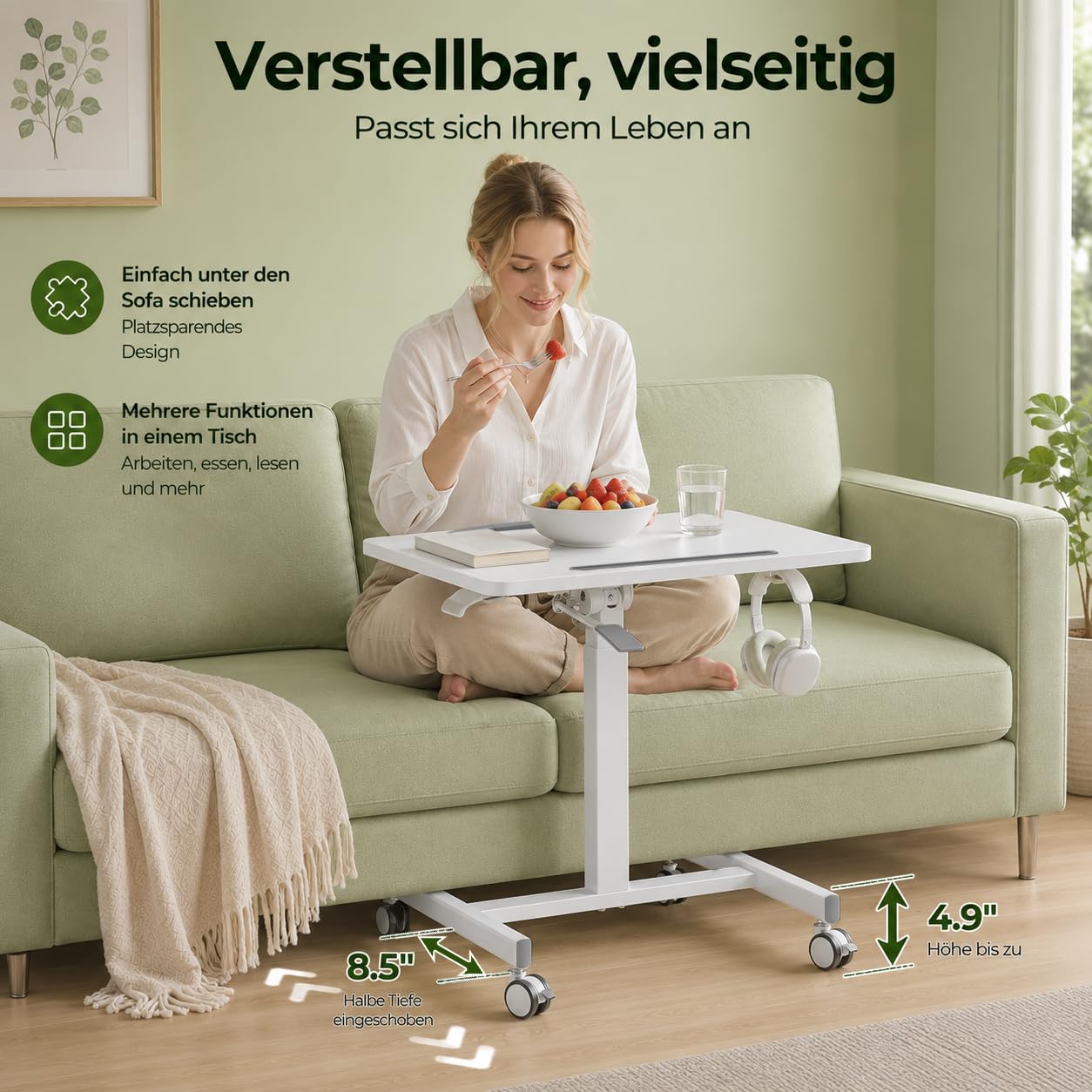 Höhenverstellbarer mobiler Beistelltisch mit Rollen60×52cmTischplatte 90° neigbar,geeignet als Kleiner Computertisch für Wohnzimmer und SchlafzimmerSofatischKrankenpflege-Beistel (Weiß)
