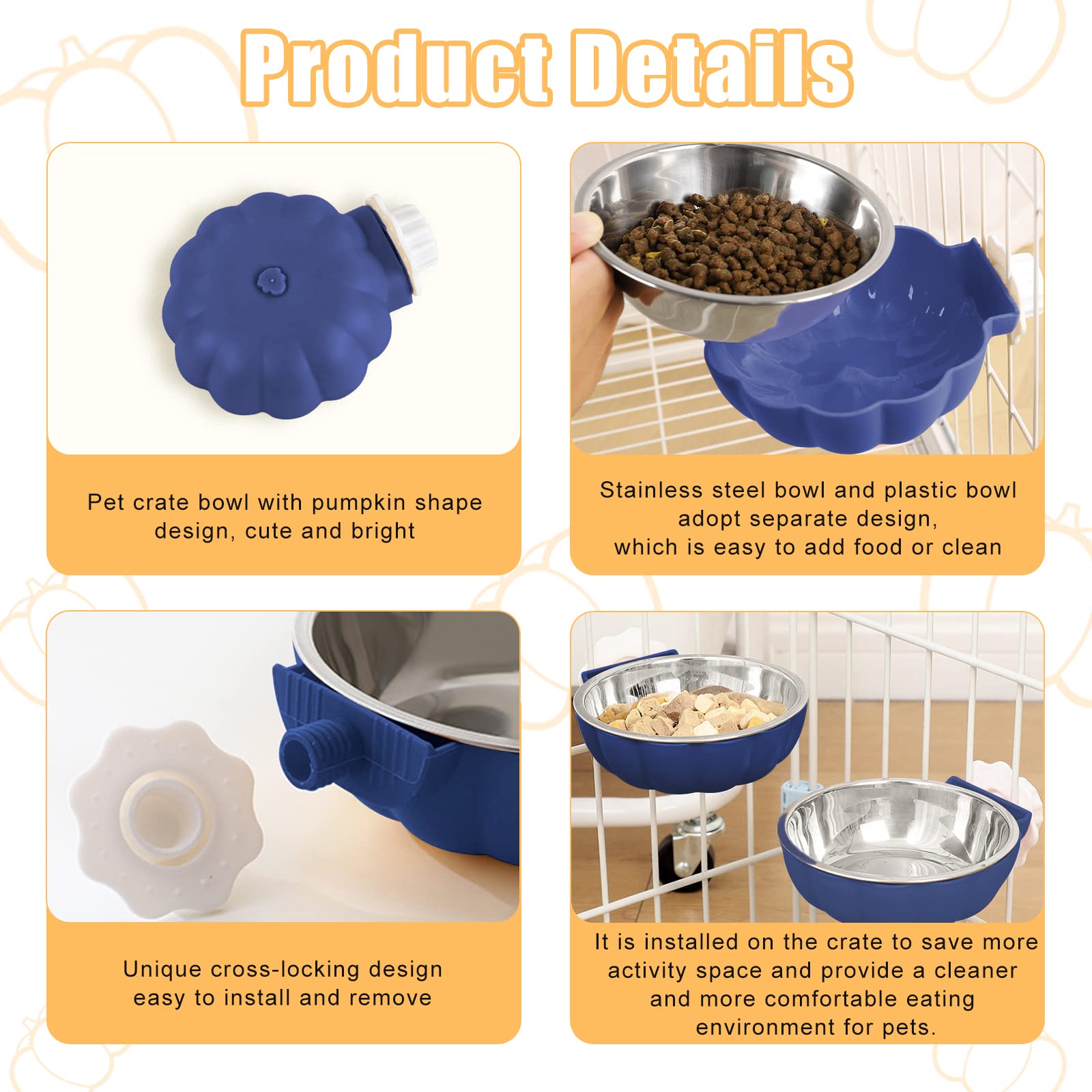 MultiValue 2-in-1 Pet Crate Bowl for Crates Cages Removable Crate Water Bowl Creative Cute Pumpkin Stainless Steel Pet Hanging Bowl Small Cage Dog Bowl for Cats Rabbits (Blue) - Image 3