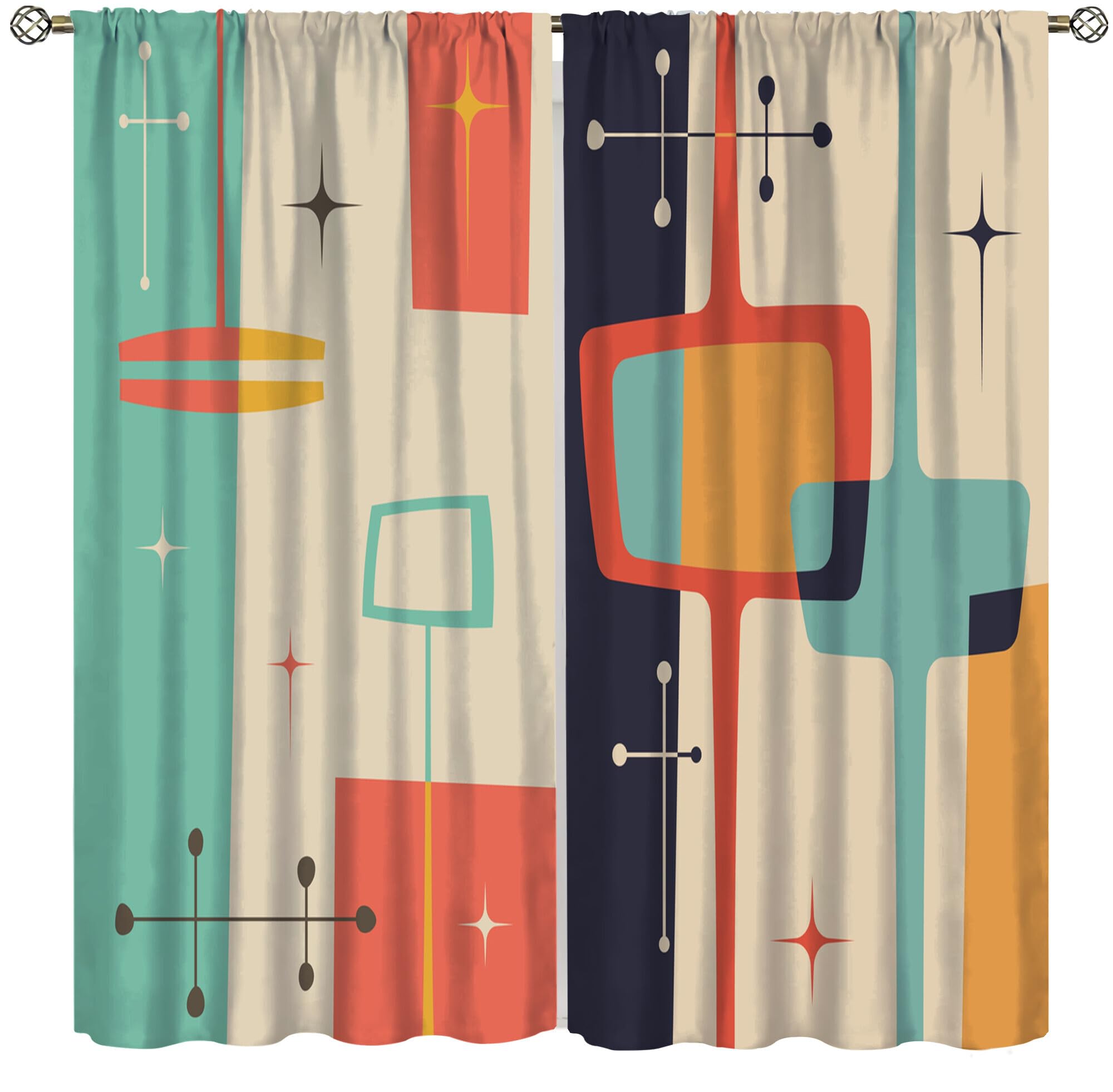 Yoakiet Retro Abstract Curtains, Colorful Vintage Mid Century 50s 60s Geometric Abstract Rustic Style Prints Blackout Rod Pocket Window Treatments