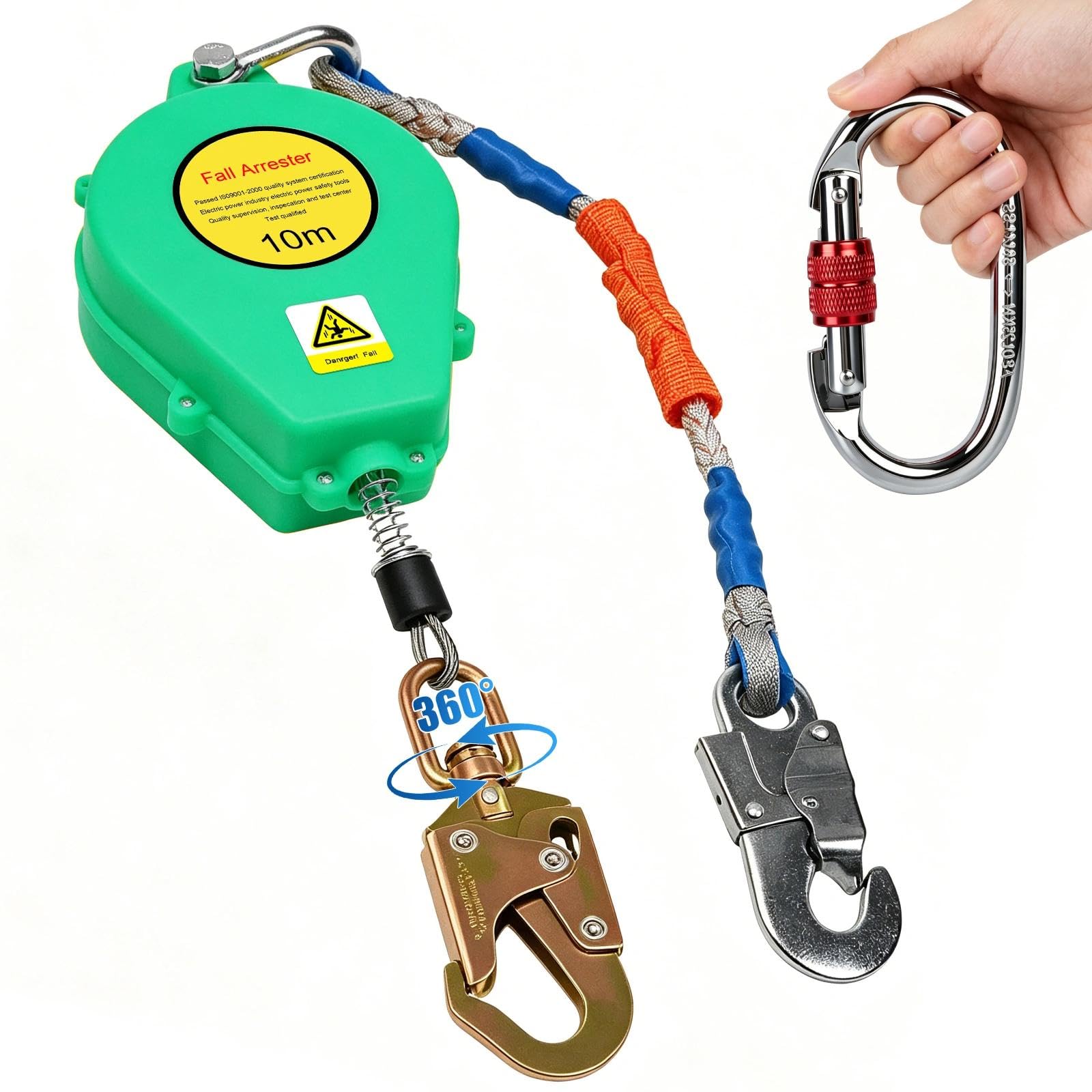 Arnés de Seguridad Trabajo en Altura con Mosquetón 150kg(Verde,10m) | Dispositivo Anticaida Retráctil, Portátil Linea de Vida Retractil Homologado con Gancho Giratorio de 360°
