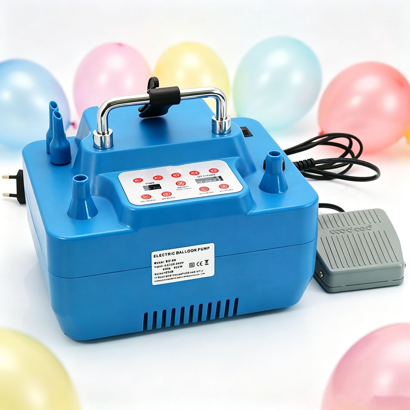 Bomba Eléctrica para Globos, Bomba De Aire Eléctrica con 2 Boquillas, Temporizador Y Control De Pedal, Inflado Rápido, Tiempo Ajustable, para Uso Comercial, Fiestas De Cumpleaños Y Bodas.