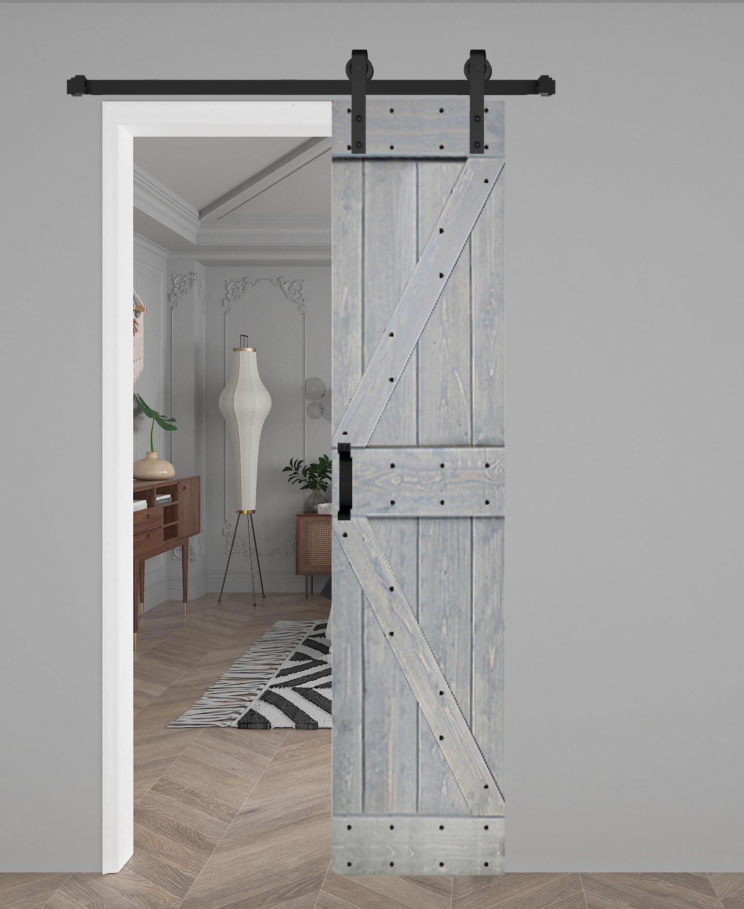 K Series 24in x 84in Solid Wood Barn Door with Hardware Track (French Gray) - Assembly Needed