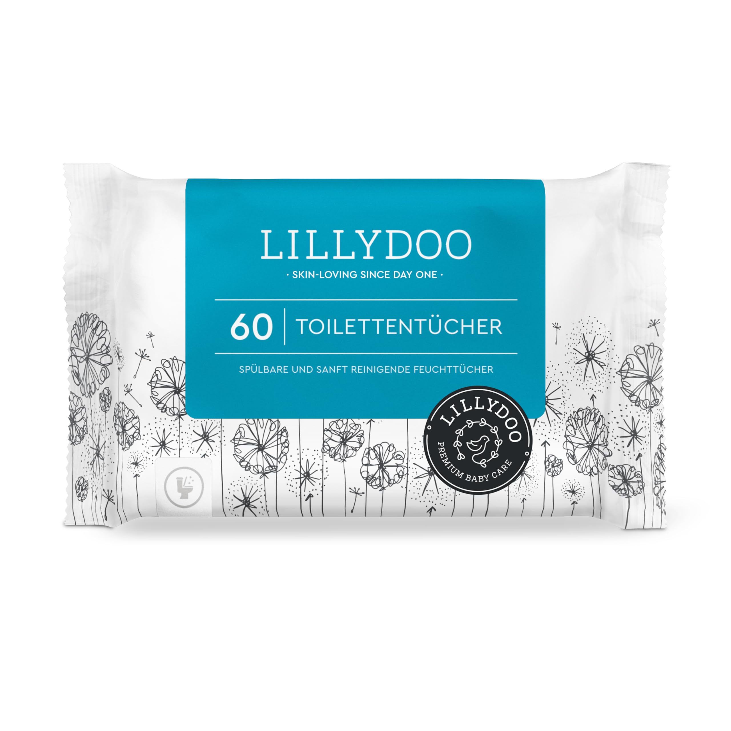 LILLYDOO Feuchte Toilettentücher, 60 Stück, 100% plastikfreies, spülbares Tuch, ohne Parfüme