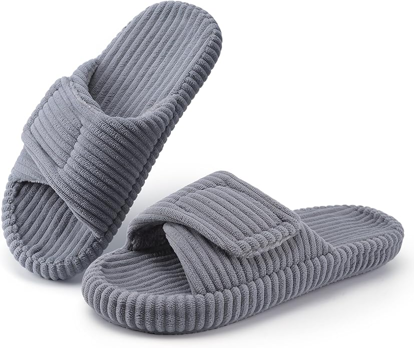 SCQTL Womens Open Toe Slippers with Arch Support,Corduroy Indoor House Slippers Adjustable Comfort Bedroom Shoes Size 5-12
