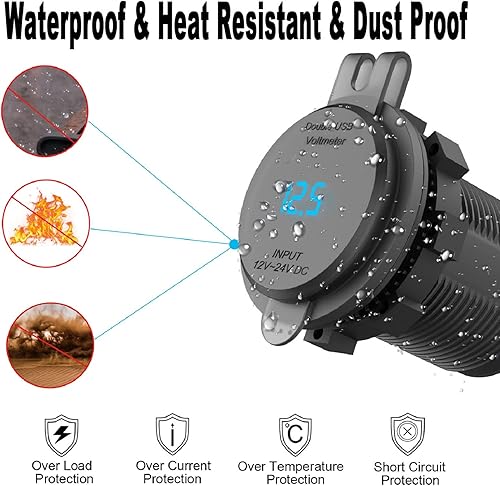 Miniatura 5 de Toma de carga rápida 3.0 de 12 V, enchufe de cargador de coche dual USB de 36 W con interruptor de alimentación LED, voltímetro LED, adaptador de