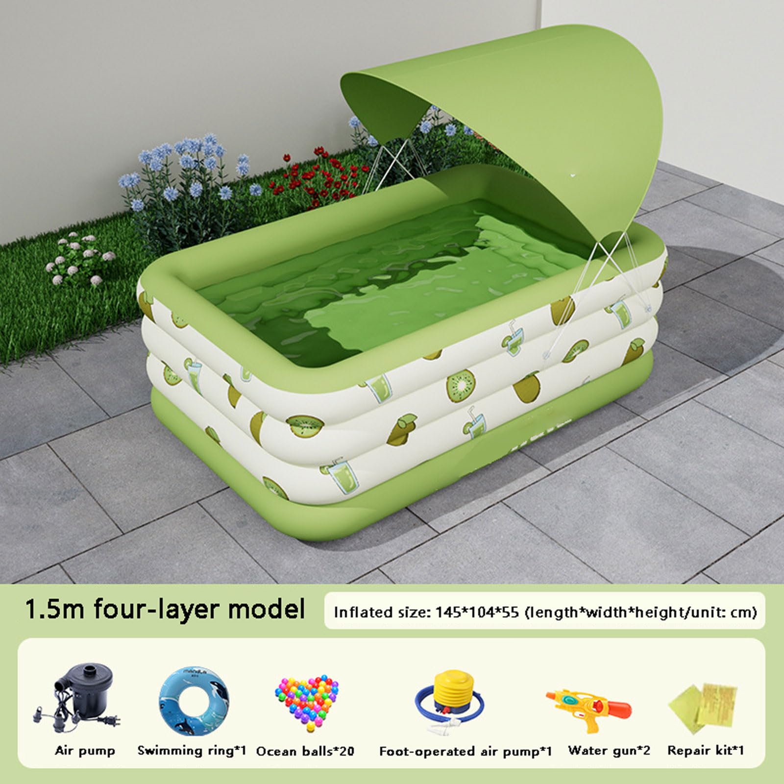 Aufblasbares Kinderpool 180 * 140 * 65cm,4 Ringen Tragbares Paddy-Pool mit Sonnenschirm,Dickes PVC-Material aufblasbare Badewanne mit Luftpumpe,für Outdoor Home Balkon Sommerwasserparty