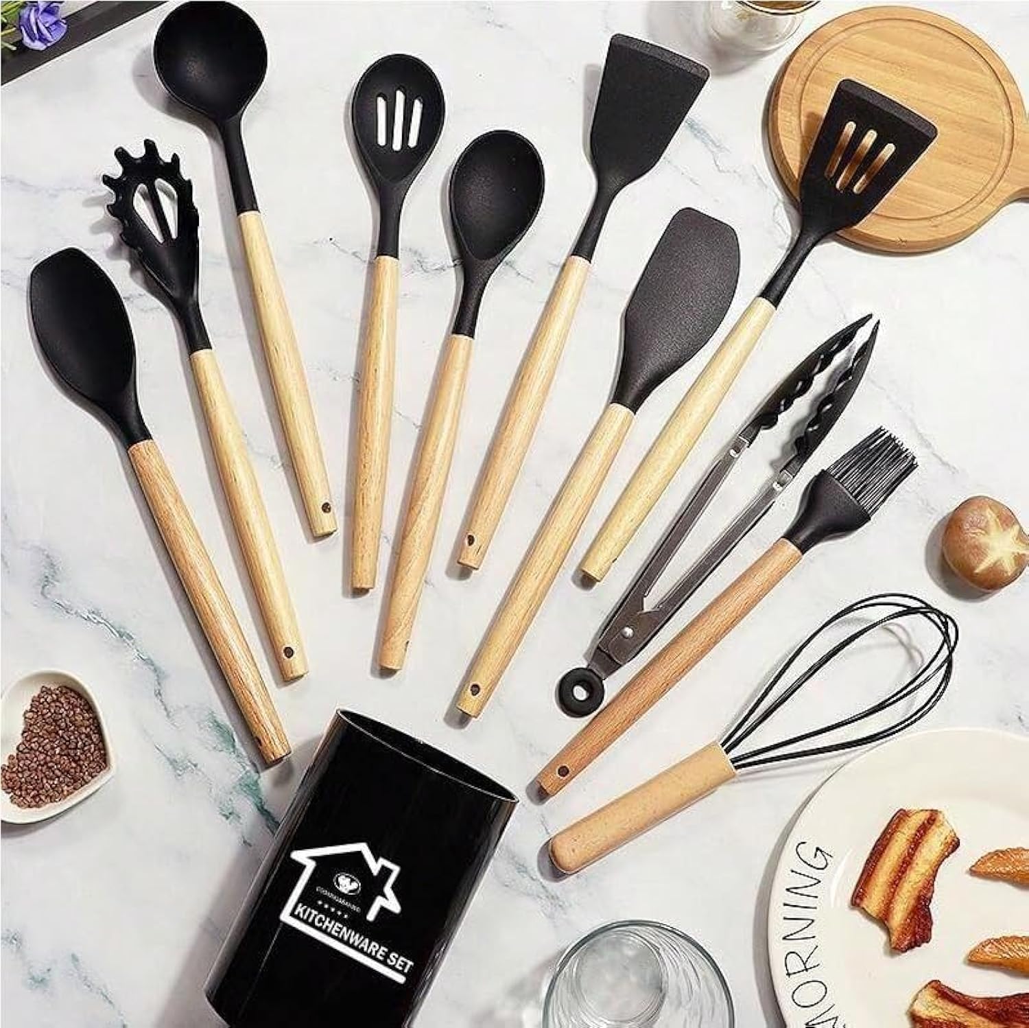 Royalkart Silicone Kitchen Utensil Set, 11 Pieces Cooking Utensil with Wooden Handles and Utensil Holder BPA Non-Stick, Heat Resistant, Kitchen Tools Set(Black) (B0C61THGV5) Amazon Price History, Amazon Price Tracker