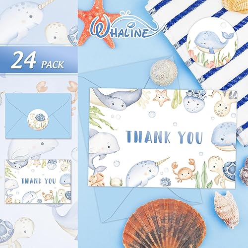 Miniatura 3 de Whaline 24 tarjetas de agradecimiento con temática de animales marinos, acuarela, con calcomanías de sobre, tarjetas de notas en blanco de dibujos