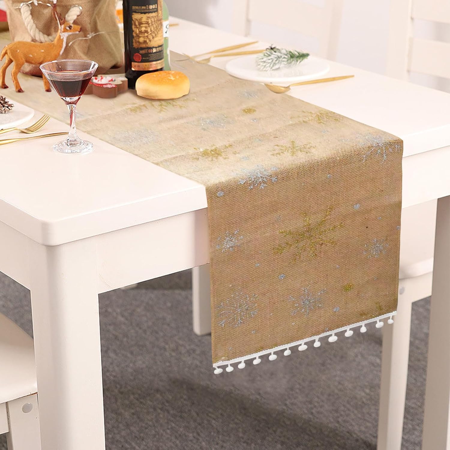 Christmas Table Runner,108" Burlap Table Cloth with Pom Poms for Kitchen Dining Décor New Year Party Indoor Xmas Decorations