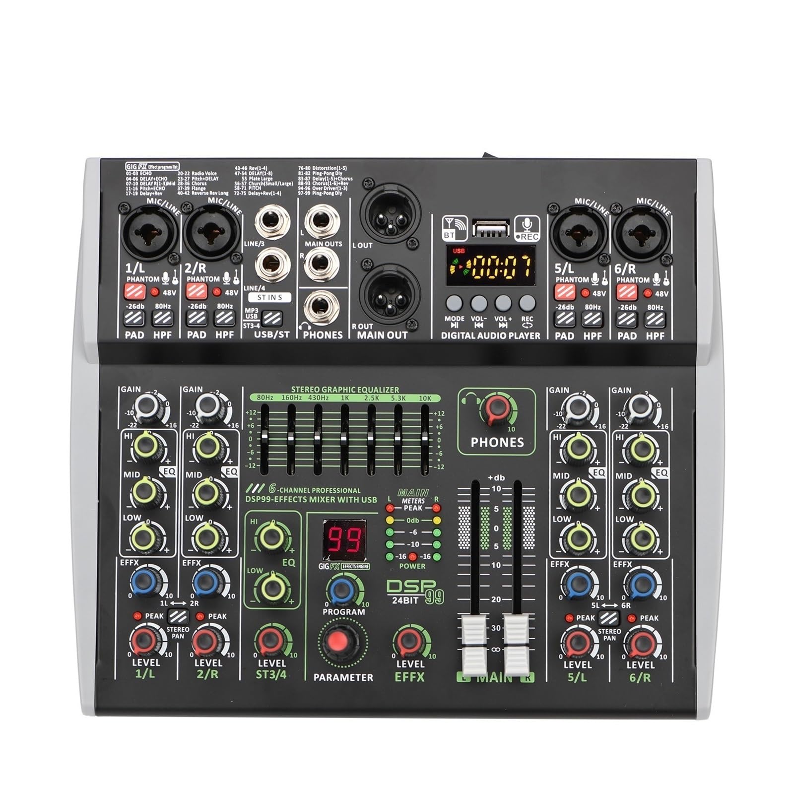 Mezclador de audio, Mezclador de audio 4/6 canales, alimentación fantasma individual 48 V, E 99 efectos DSP, USB, reproducción ordenador, grabación poasts(6 channel)