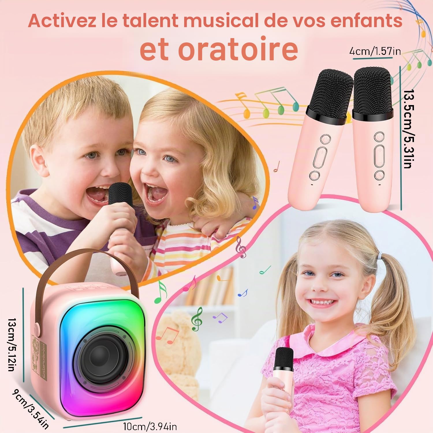 PHNIXGAM Mini Machine de karaoké avec Deux Microphones sans Fil, Haut-Parleur Bluetooth Portable pour Adultes et Enfants, Microphone de karaoké avec LED (Rose)