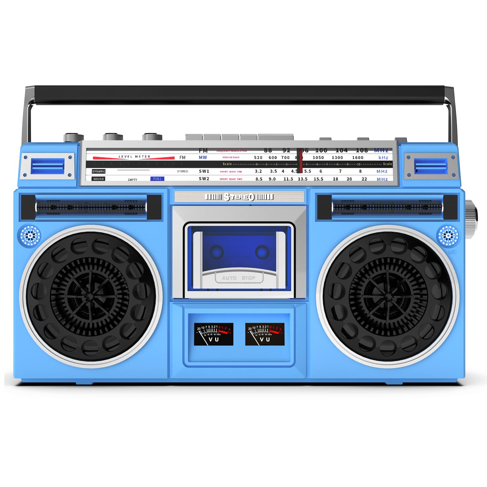 Boombox portatile con lettore di cassette Bluetooth con radio AM/FM/SW, registratore a nastro, supporto USB, jack per cuffie, suono stereo completo